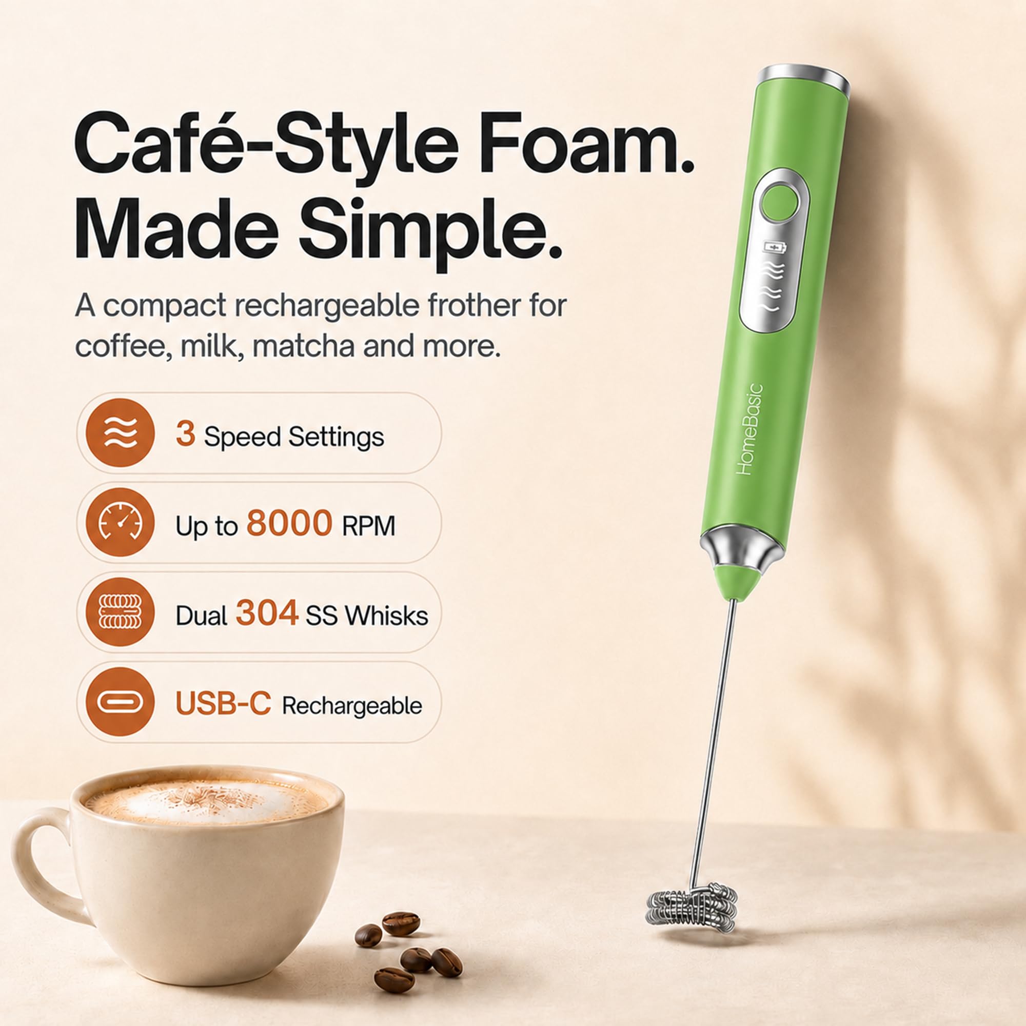 HOMEBASIC Milk Frother - 3 Speeds, Dual Whisks -4