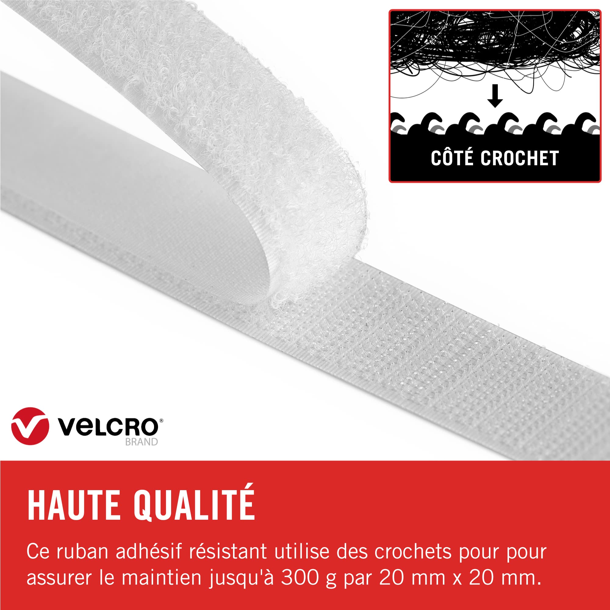 Ruban Adhésif Auto-Agrippant Velcro Marque, Crochets Uniquement, Blanc 20 mm x 10 m