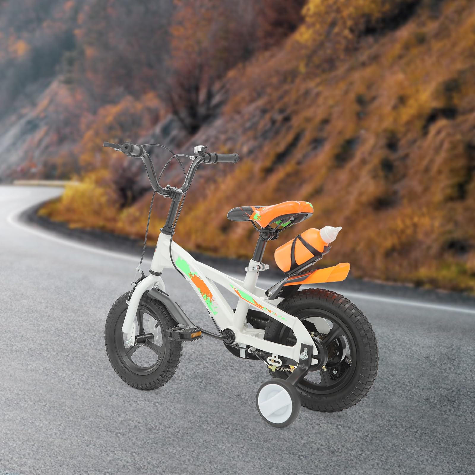 Bicicletta per bambini da 12 pollici, con ruote di supporto e bottiglia d'acqua, regolabile in altezza, bicicletta da allenamento con campanello, per bambini da 2 a 5 anni