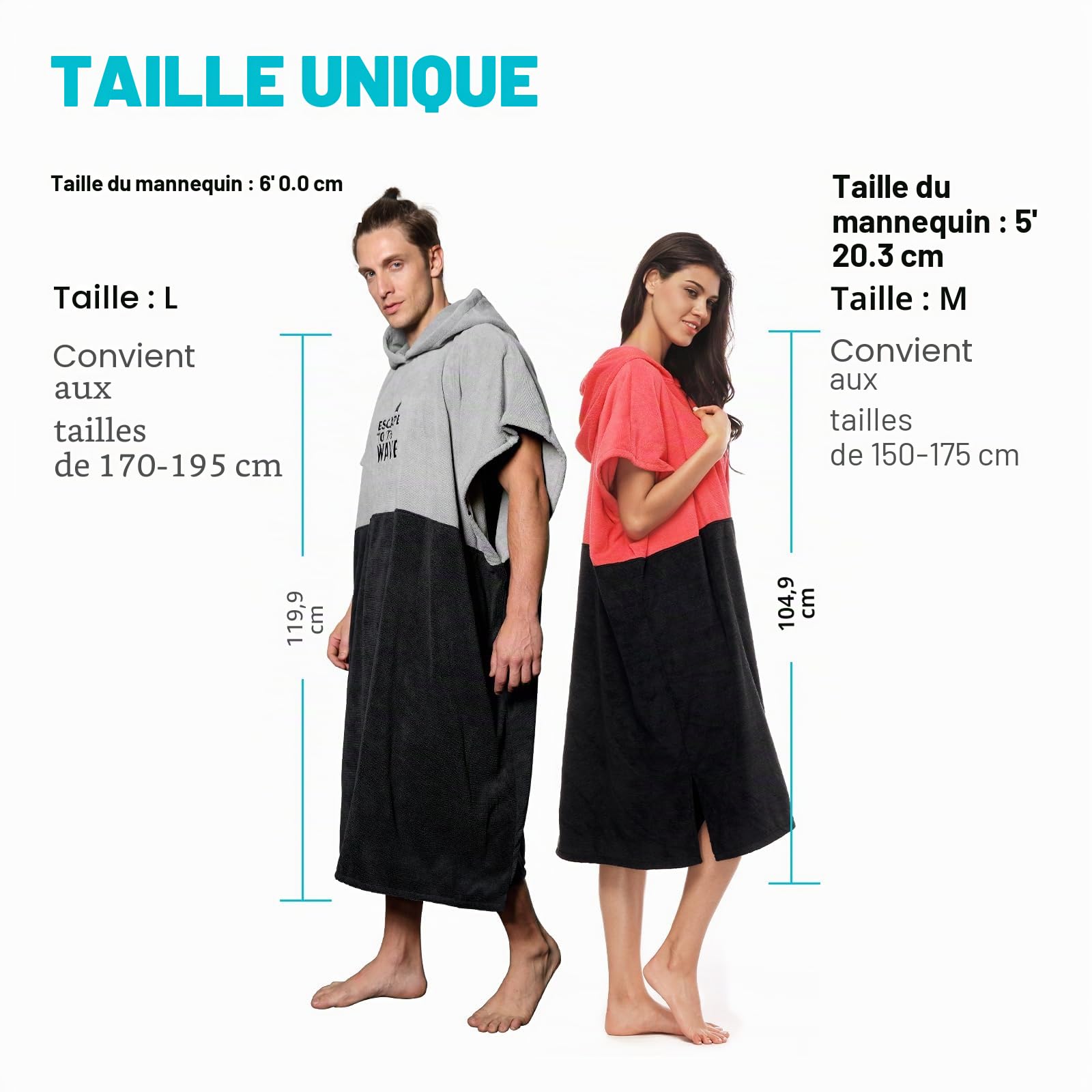 Vulken Peignoir de bain/poncho à capuche Extra Large Pour femme et homme En Microfibre Pour Plage Piscine Lac Parc aquatique, Gris noir - L/XL., L-XL