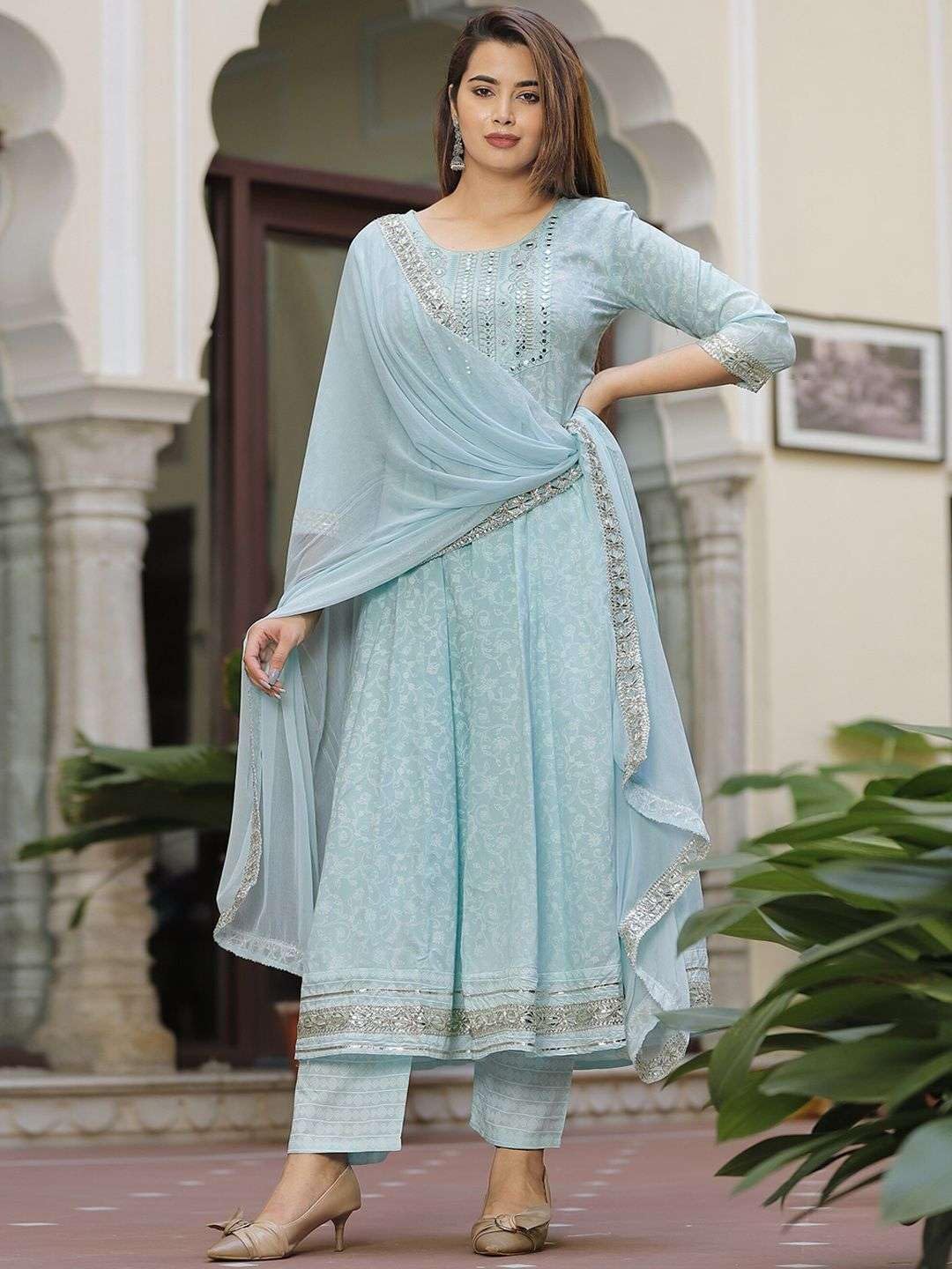 Rayon Anarkali Indisches Kurti für Damen, Sommerkleid, Kurta-Hose mit Dupatta-Set, pakistanische Kurta