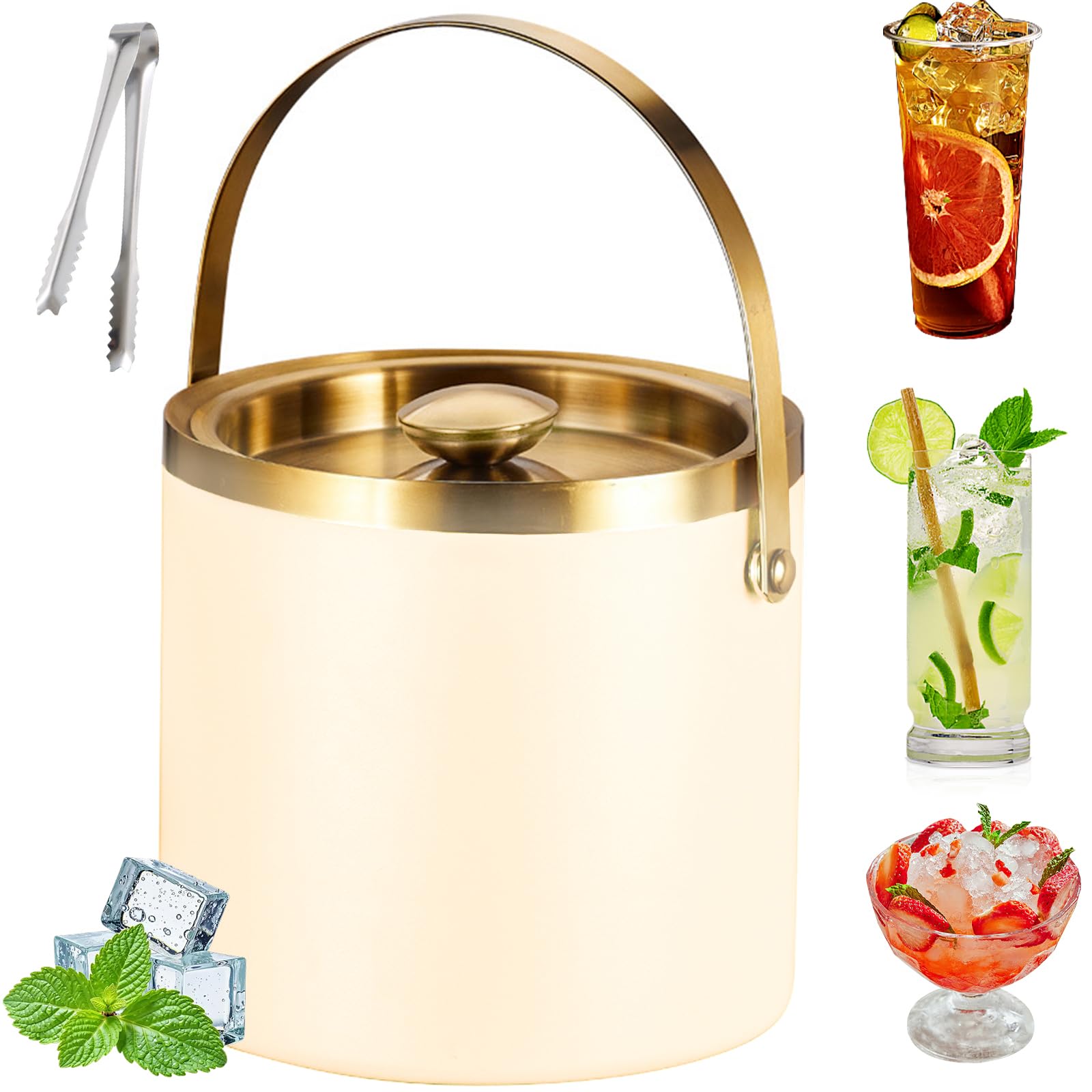 Cubitera de hielo aislada con tapa, acero inoxidable de doble pared, sellada al vacío para cócteles, cerveza y champán, ideal para bares, pubs, barbacoas y picnics (blanco)