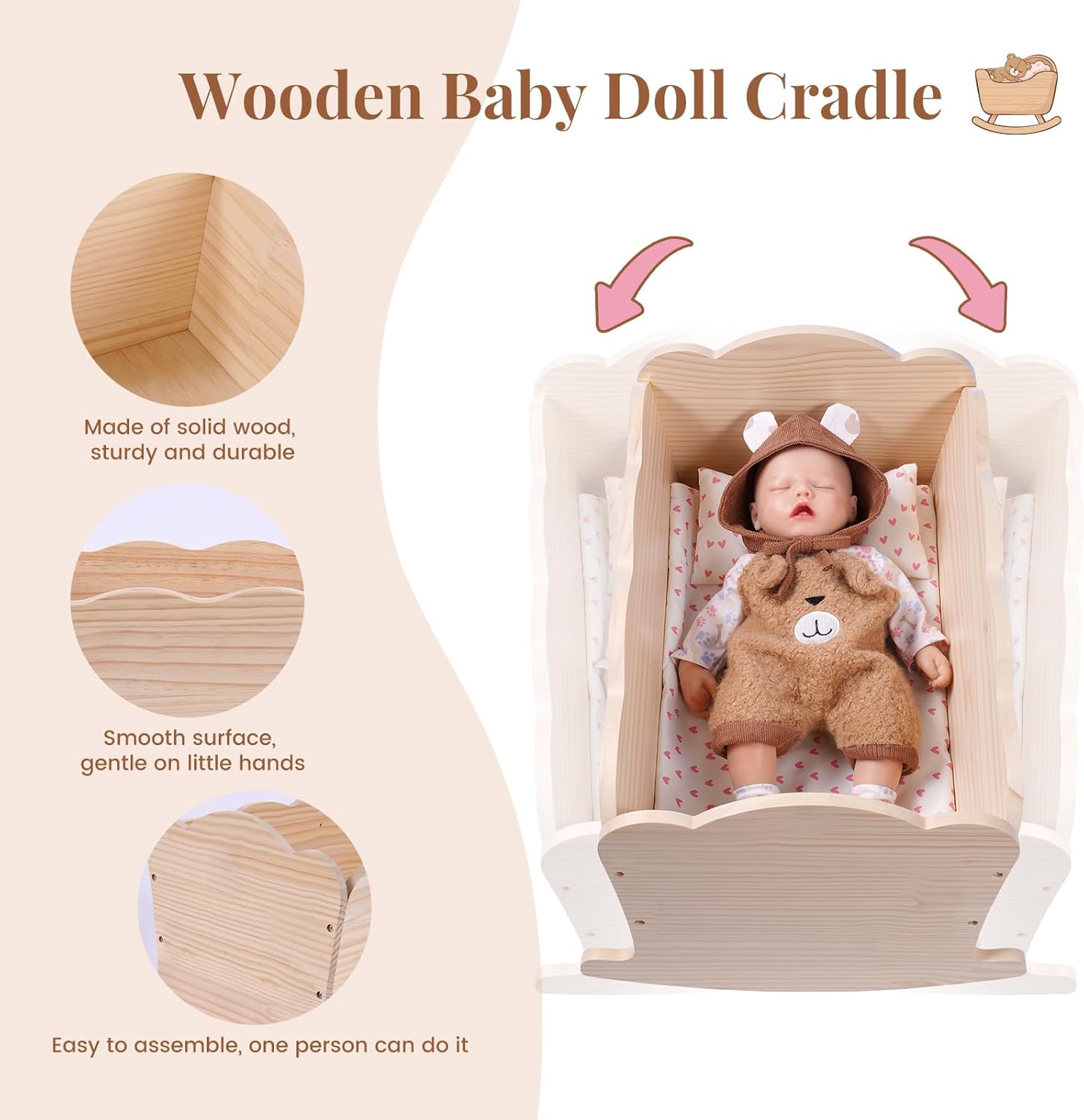 BABESIDE 3 Pcs Baby Doll Crib Set for Dolls up to 16 Inch, Wooden Baby Doll Accessories Babydoll Bed Dolls Cradle with Bedding Set for Kids Pretend Play Toys, Wood Doll Crib
