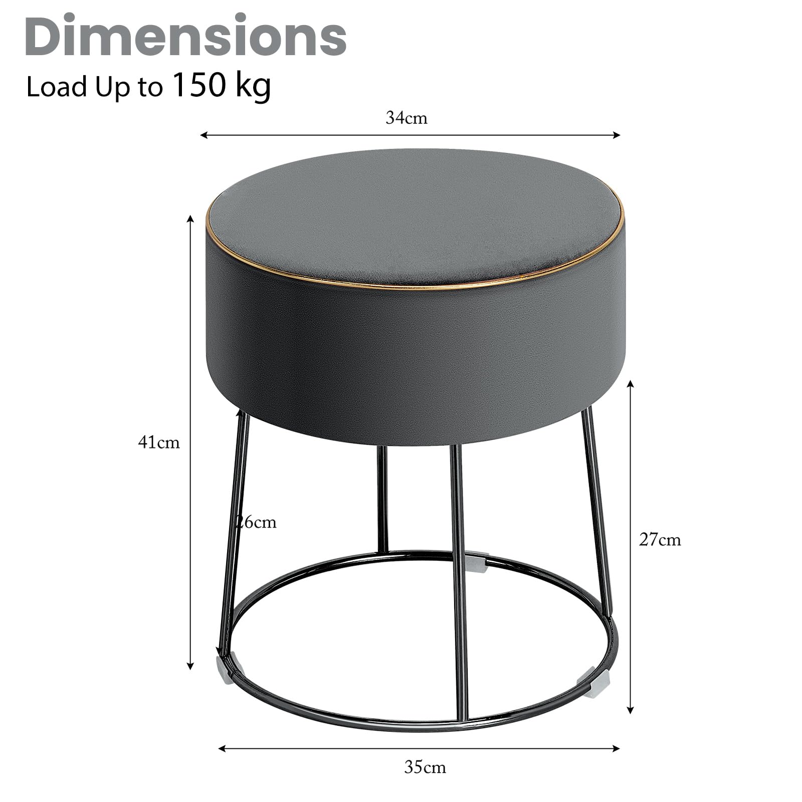HOMASIS Kleiner Hocker für Schminktisch, runder Sitzhocker aus Samt, Fußhocker mit Metallbeinen, eleganter Polsterhocker, Schminkhocker Fußstütze für Wohnzimmer Schlafzimmer (Grau)