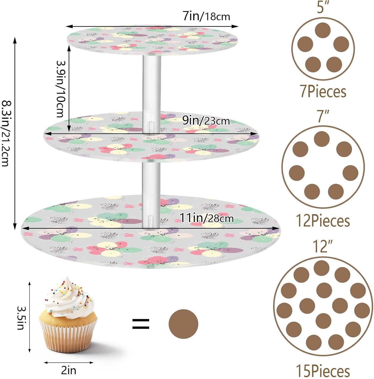 Flowers Floral 3 Tier Acrylic Cupcake Stand, Cupcake Stand for 34 Cupcakes for Weddings, Christmas,Holidays,Parties,Birthday,Printed Cupcake Tower 23300318