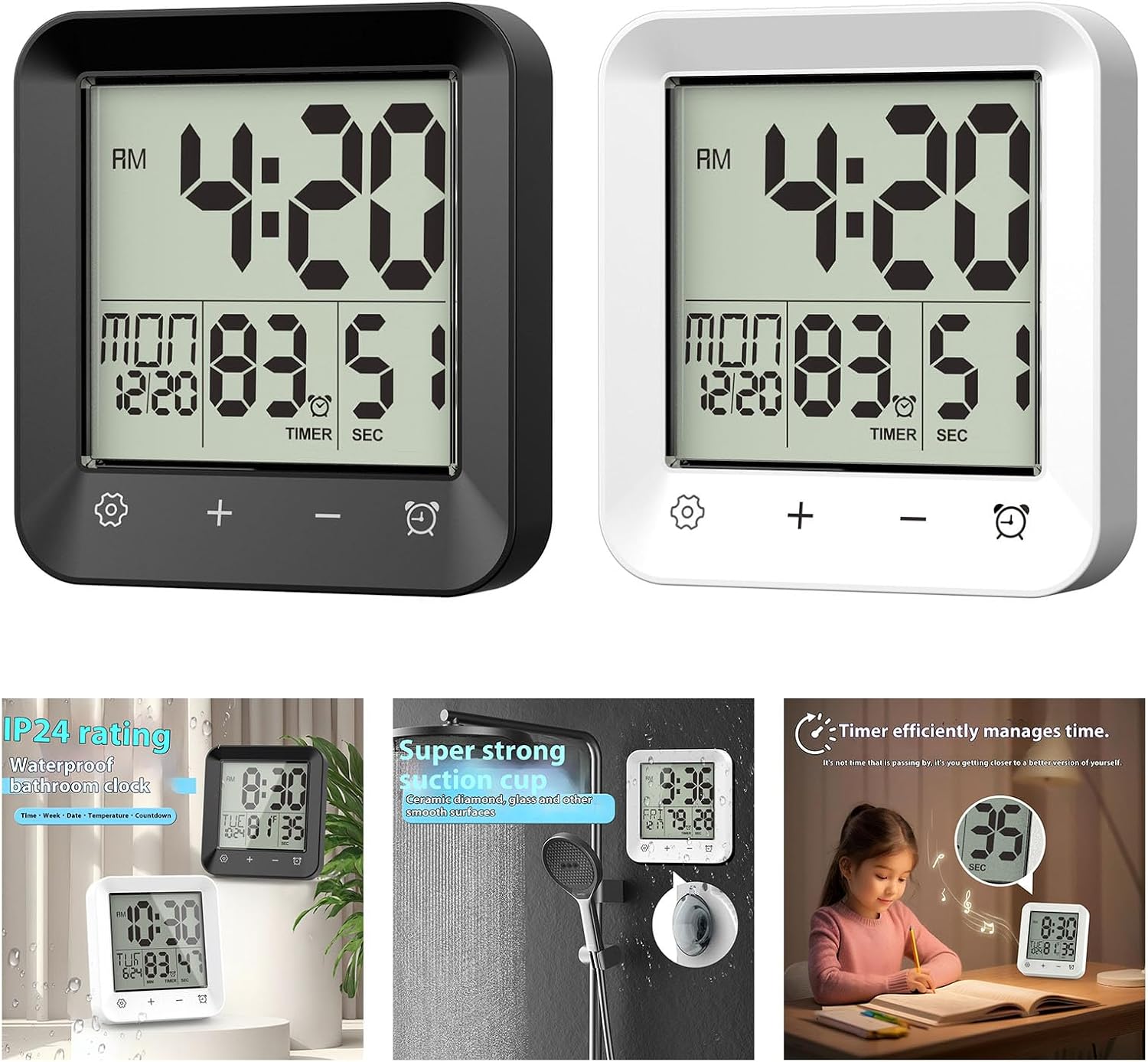 Wall Clock Shower Timer Digital Bathroom Alarm Clock Kitchen Cooking Countdown Timers Digitals Shower Clocks Digital Bathroom Timer