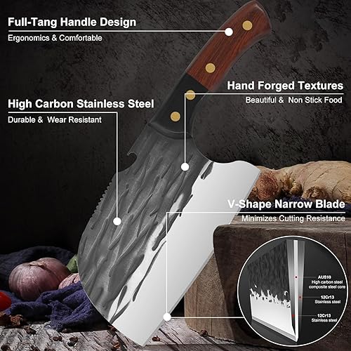 Miniatura 4 de Numola Cuchillo de chef serbio con afilador de cuchillos protector de dedos, cuchillo de cocina para carne, hecho a mano, forjado de acero de alto