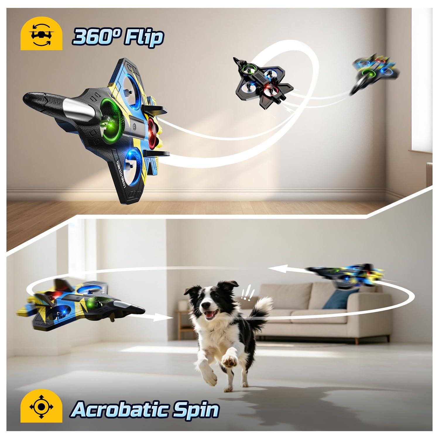 DEERC Avion Télécommandé RC Chasse avec Lumières, Flip 360° pour Enfants, Bleu Jaune