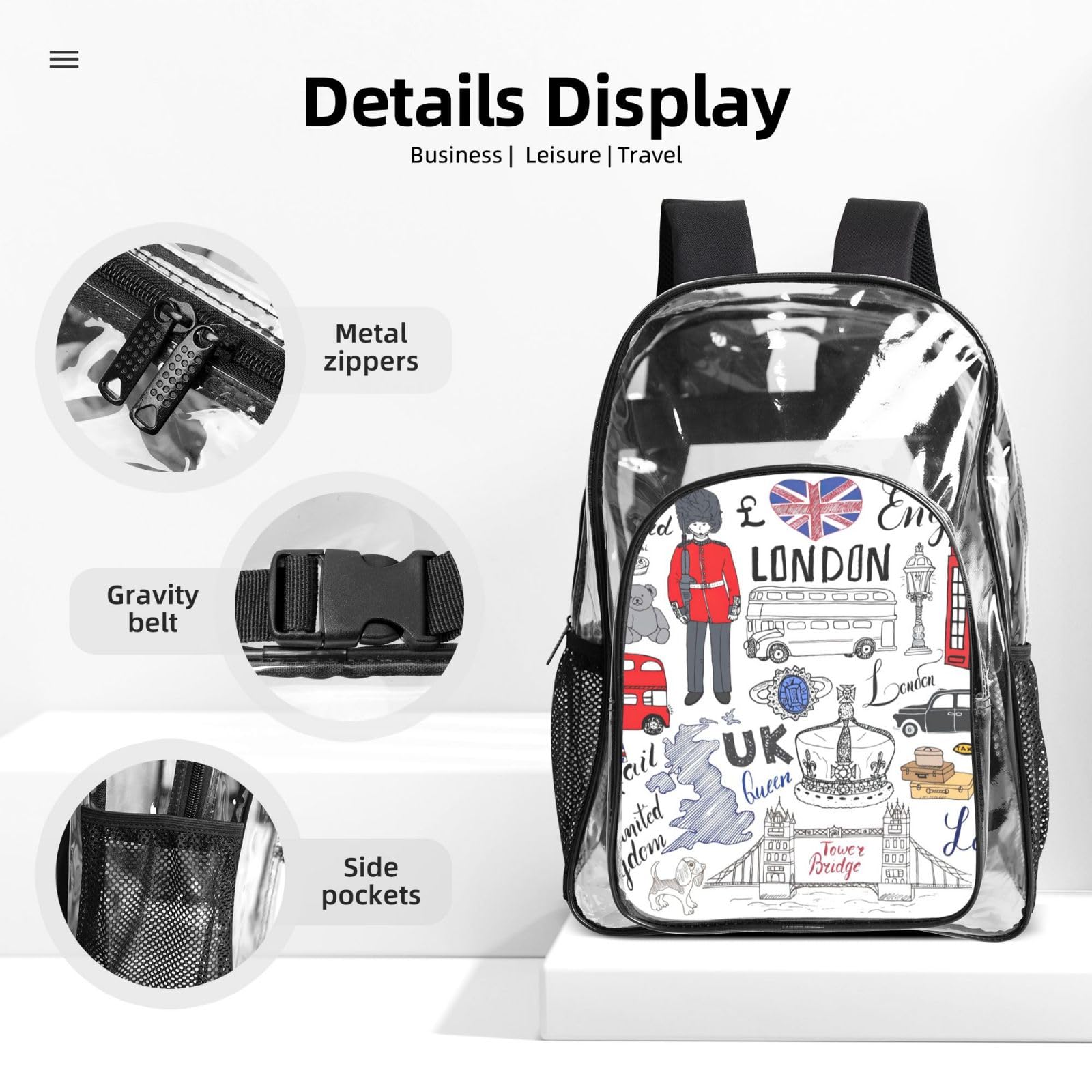 'I Love London Print Clear' lekka 3-częściowa torba na lunch Combo przezroczysty plecak zestaw szkolna podróż