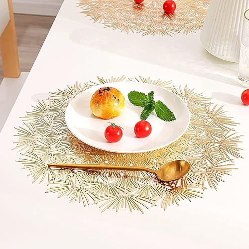 Miniatura 5 de Juego de 6 manteles individuales redondos dorados con forma de flor de diente de león, manteles individuales de vinilo para cocina, mesa de comedor,