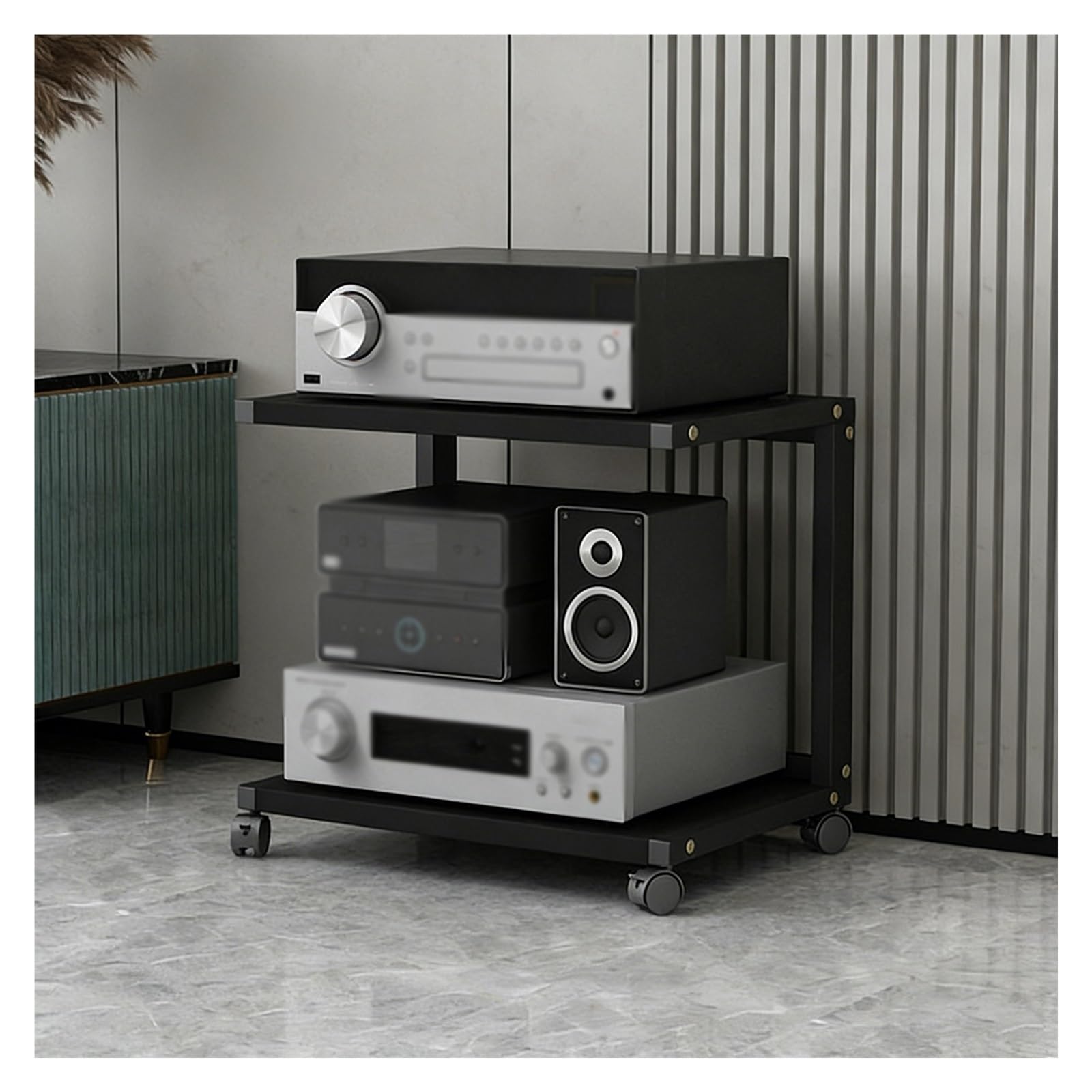 Meuble rack AV cabinet noir sur roulettes pour organiser les appareils Hi-Fi du salon