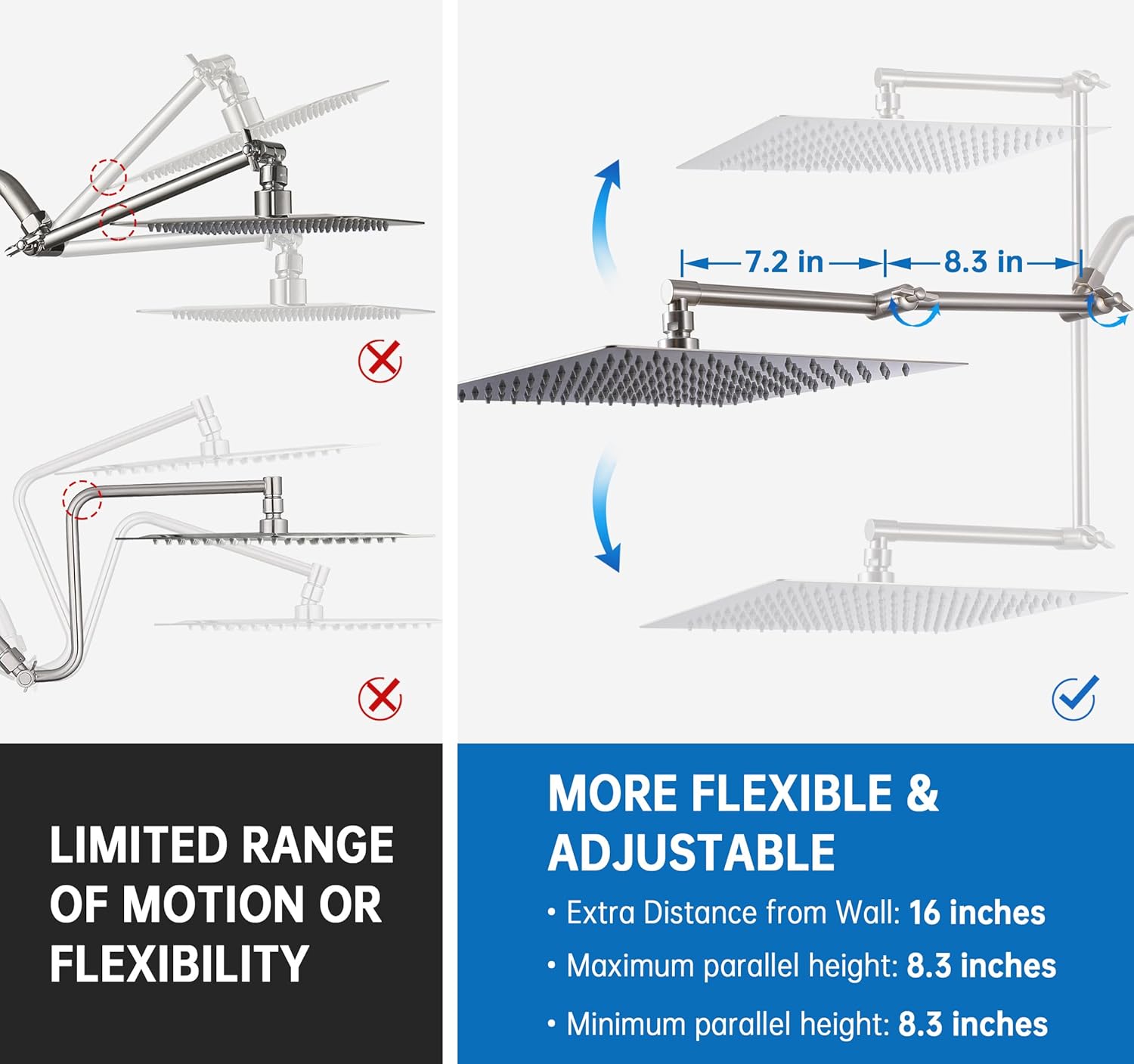 G-Promise All Metal Shower Diverter with 16 Inch Shower Extension Arm, 3-Way Diverter Valve with Low Handheld Holder and Pause Mode, Adjustable Extender with Lock Joint, Bathroom Replacement Part