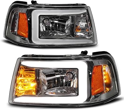 AmeriLite for 2001-2011 Ford Ranger LED Tube Replacement Gun-Metal Headlights w/Corner Lamp Set - Passenger and Driver Side