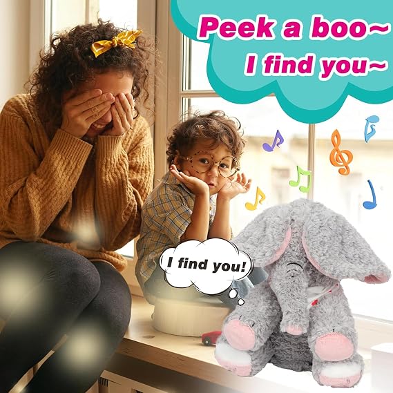 Peek A Boo Elephant Interactive Plush Toy with Moving Ears Musical Singing Talking Stuffed Animal Adorable Electric Animate Christmas Birthday Gifts for Girls Boys