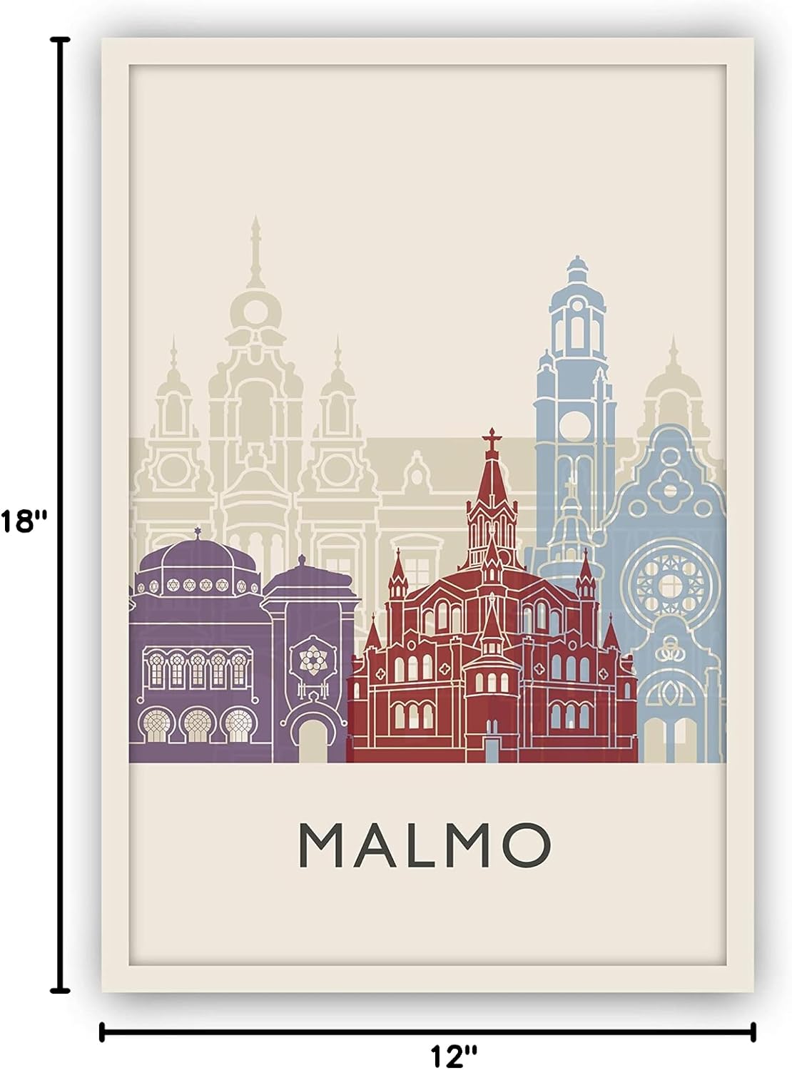 Malmo Illustration Poster, Malmo Sweden Skyline Poster Cityscape and Landmark Print, Malmo Home Wall Art, Office Wall Decor - 12x18