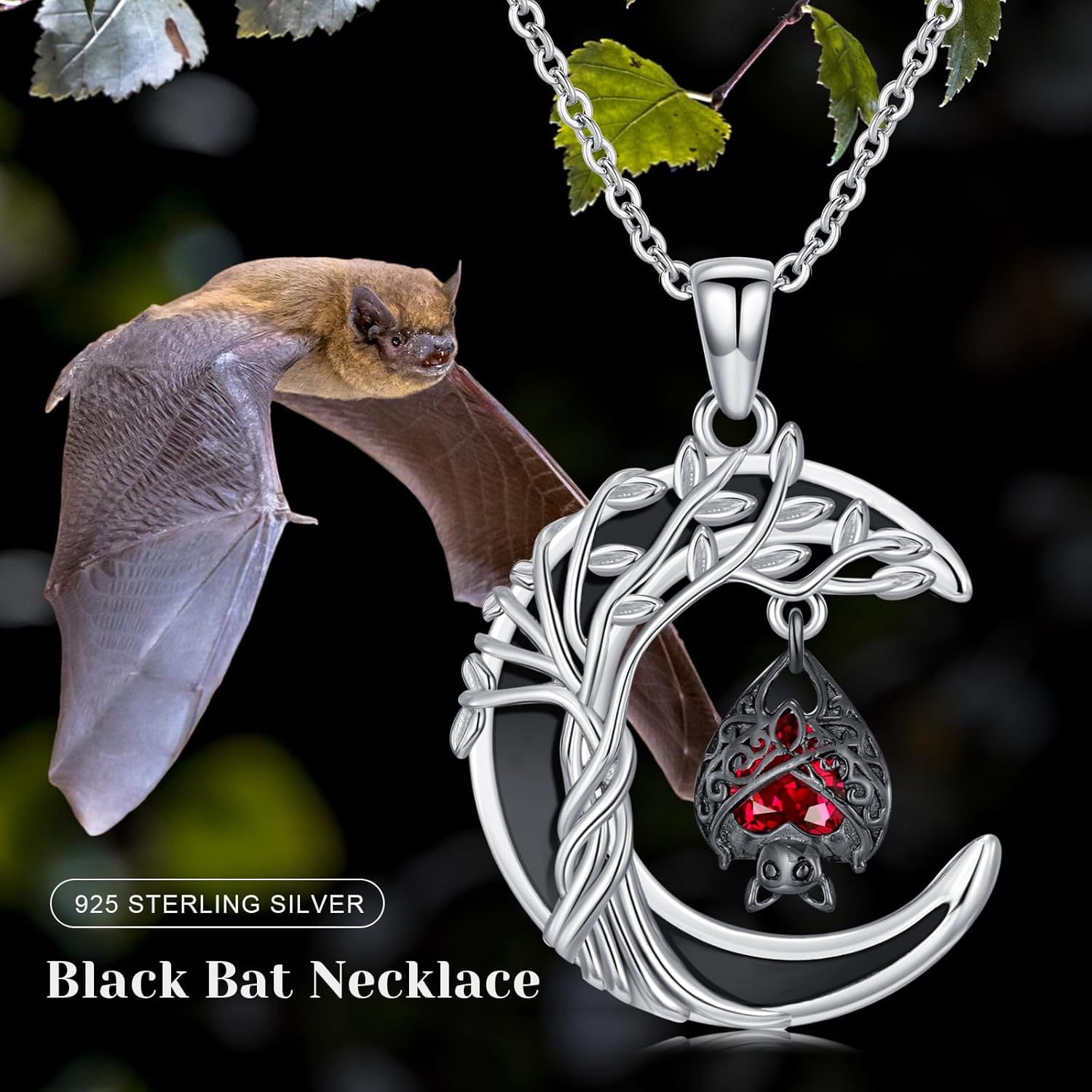 Gothic Bat/Black Cat/Skeleton/Snake/Raven Necklace for Women 925 Sterling Silver Black Onyx Tree of Life Pendant Necklace Goth Jewelry Halloween Christmas Birthday Gifts - Image 7