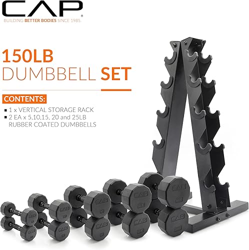 Miniatura 2 de CAP Barbell Juego de pesas con revestimiento de goma con estante vertical  Opciones de 100 libras, 150 libras y 210 libras