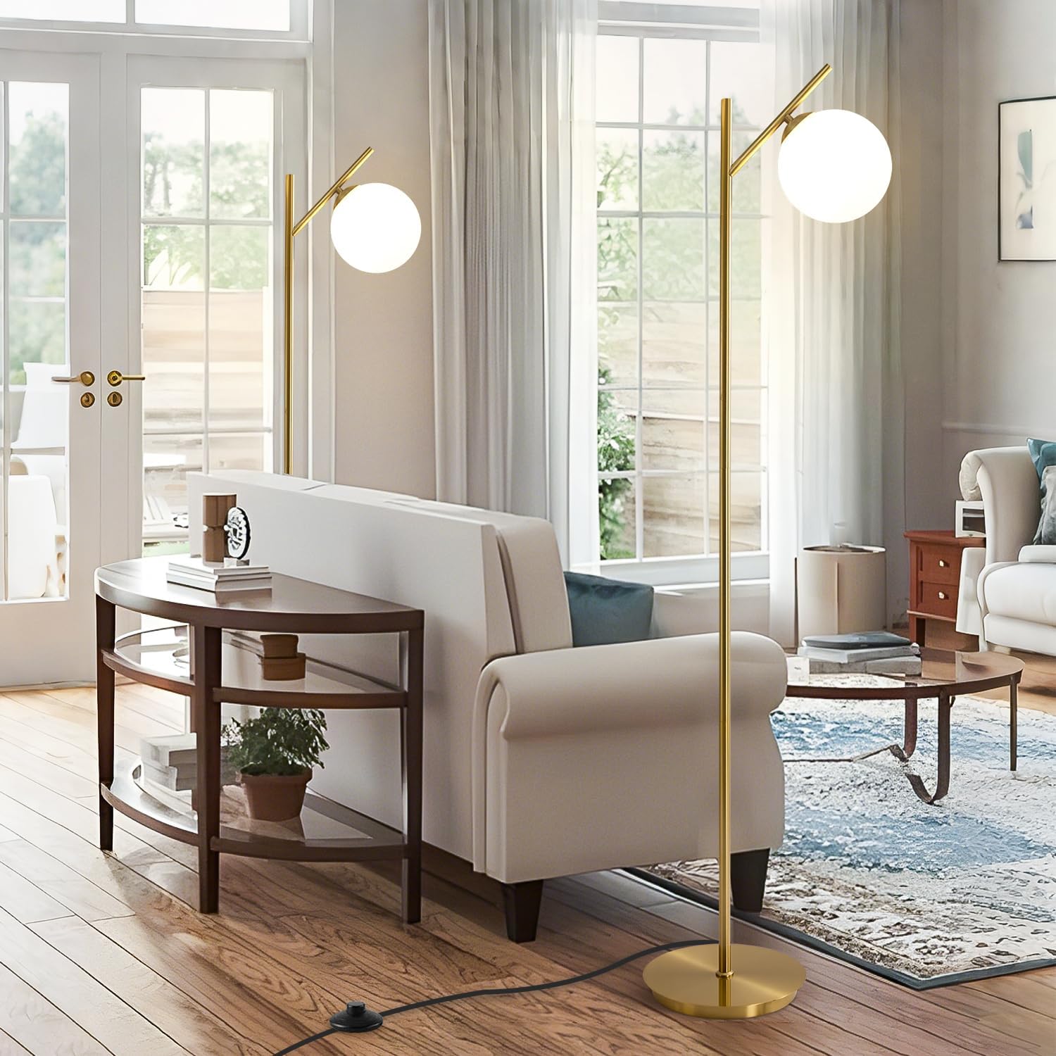 Mid Century Floor Lamp for Living Room Modern Tall Standing Lamp with Frosted Glass Globe Shades Contemporary Brass Freestanding Lamp for Office Bedroom (Gold)