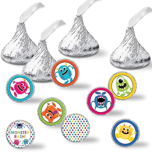 AmandaCreation - Etiquetas adhesivas para fiesta de cumpleaños de monstruos juguetones, 300 adhesivos circulares de fiesta de 0.75 pulgadas para