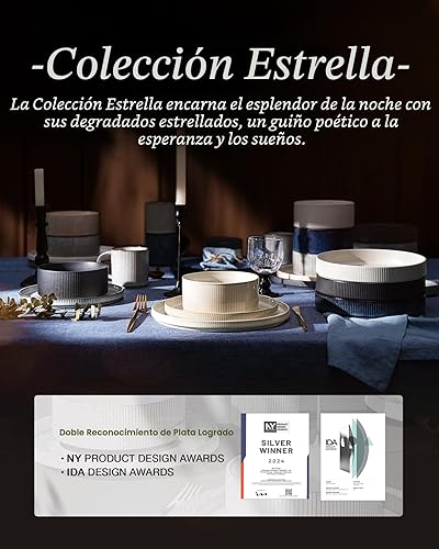 Miniatura 8 de famiware Juego de vajilla con estrellas, juego de platos y cuencos para 4, 12 piezas de vajilla acanalada - Resistente a las astillas y a