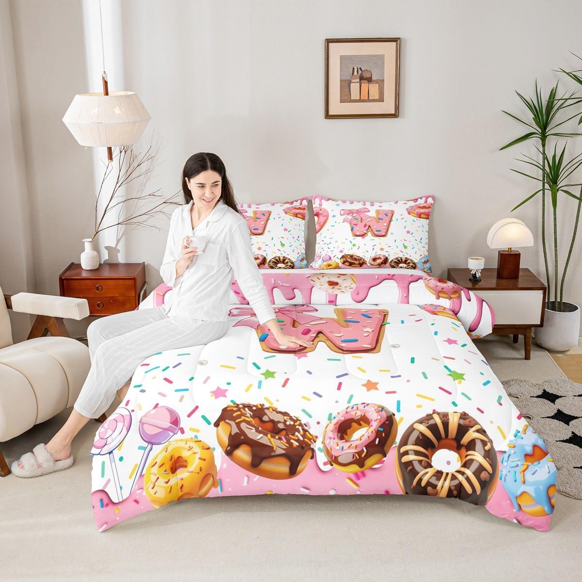 Erosebridal Kids Girls Pink Bow Comforter Set Twin Size Monogrammed Bedding Sets Personalized Initial W Duvet Quilt Colorful White Donut Sweet Candy Quilt Ultra Soft Modern Fashion Bed Set