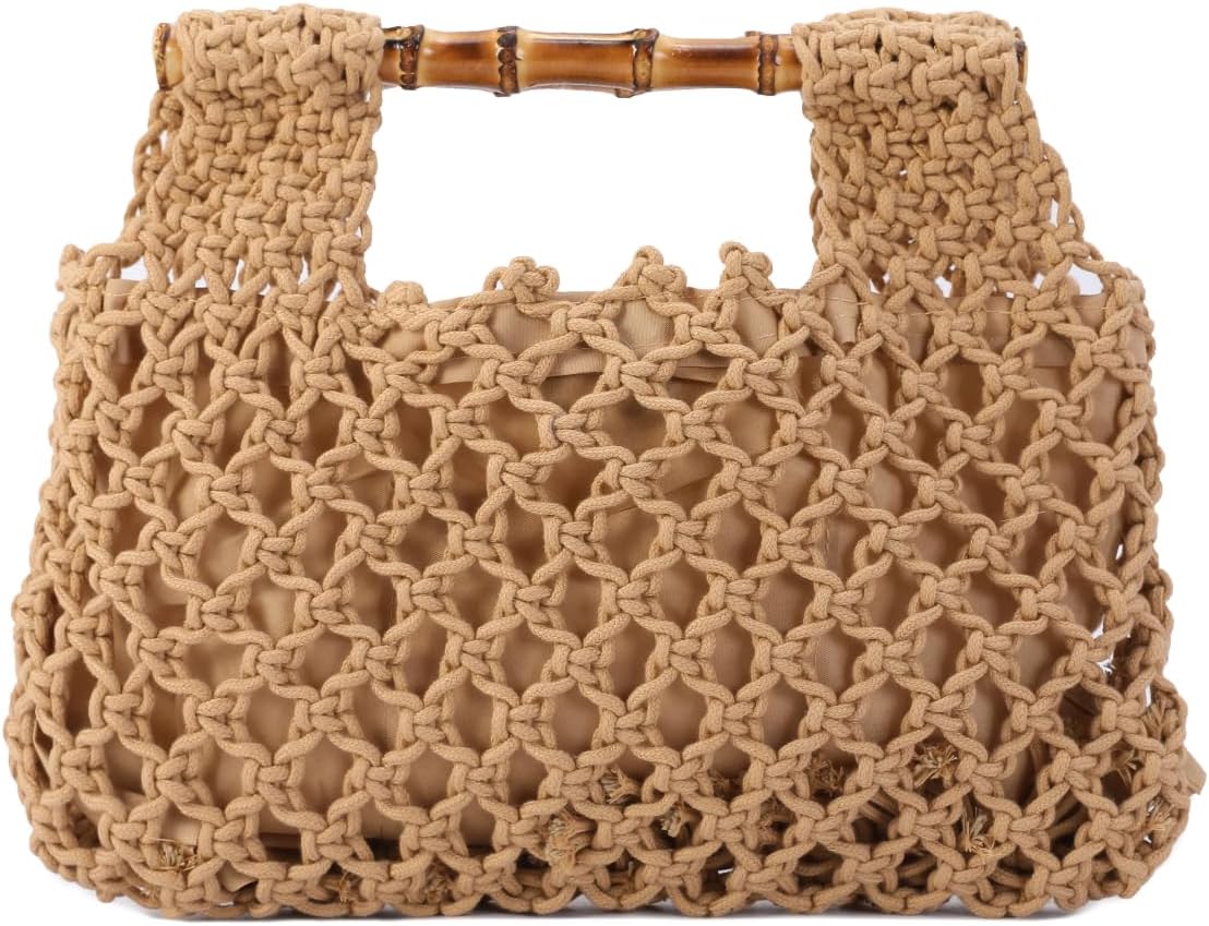 Women Straw Woven Mesh Handbag Bamboo Handbag Trendy Summer Travel Seaside Beach Vacation Totes Bag