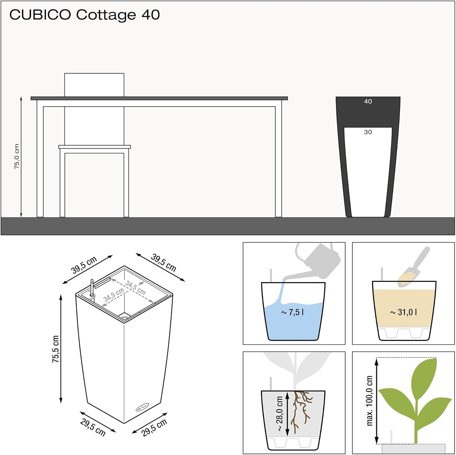 Lechuza CUBICO Cottage 40 Graphite Black, Self-Watering Tall Planter, H29.5 L15.7 W15.7 in