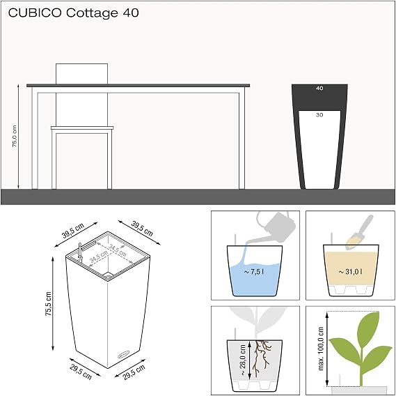 Lechuza CUBICO Cottage 40 Sand Brown, Self-Watering Tall Planter, H29.5 L15.7 W15.7 in