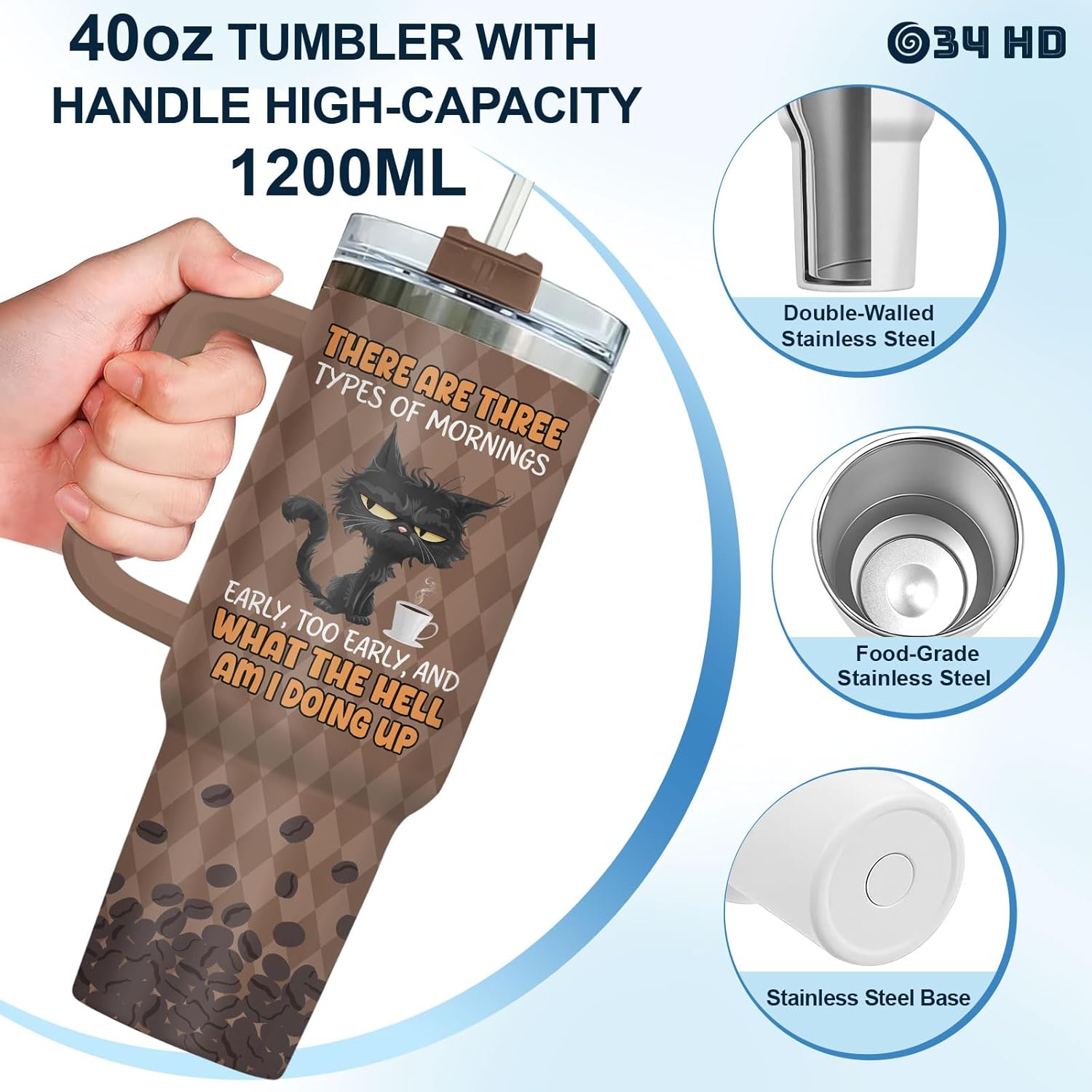 34HD Funny Cat Morning Tumbler 40oz with Handle & Straw, Night Owls Caffein Insulated Travel Mug, Feline Birthday Gifts for Men & Women, Friends and Cats Fan