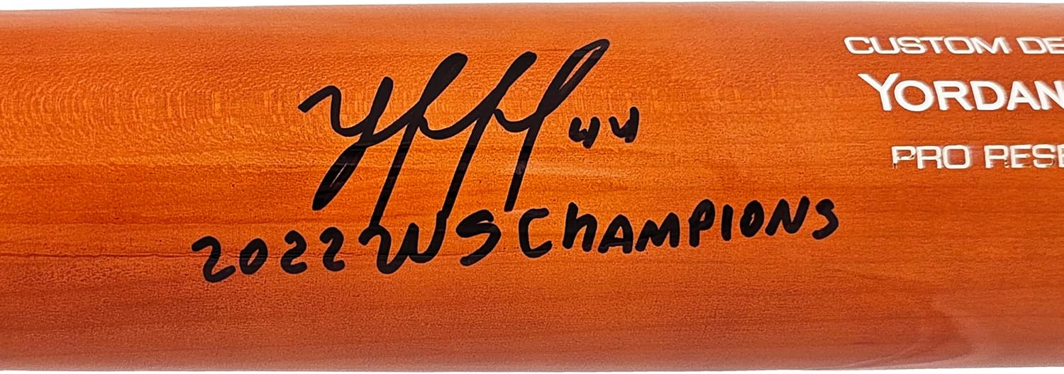 Yordan Alvarez Autographed Orange & Blue Player Model Baseball Bat "2022 WS Champions" Beckett BAS Witness Stock #215389