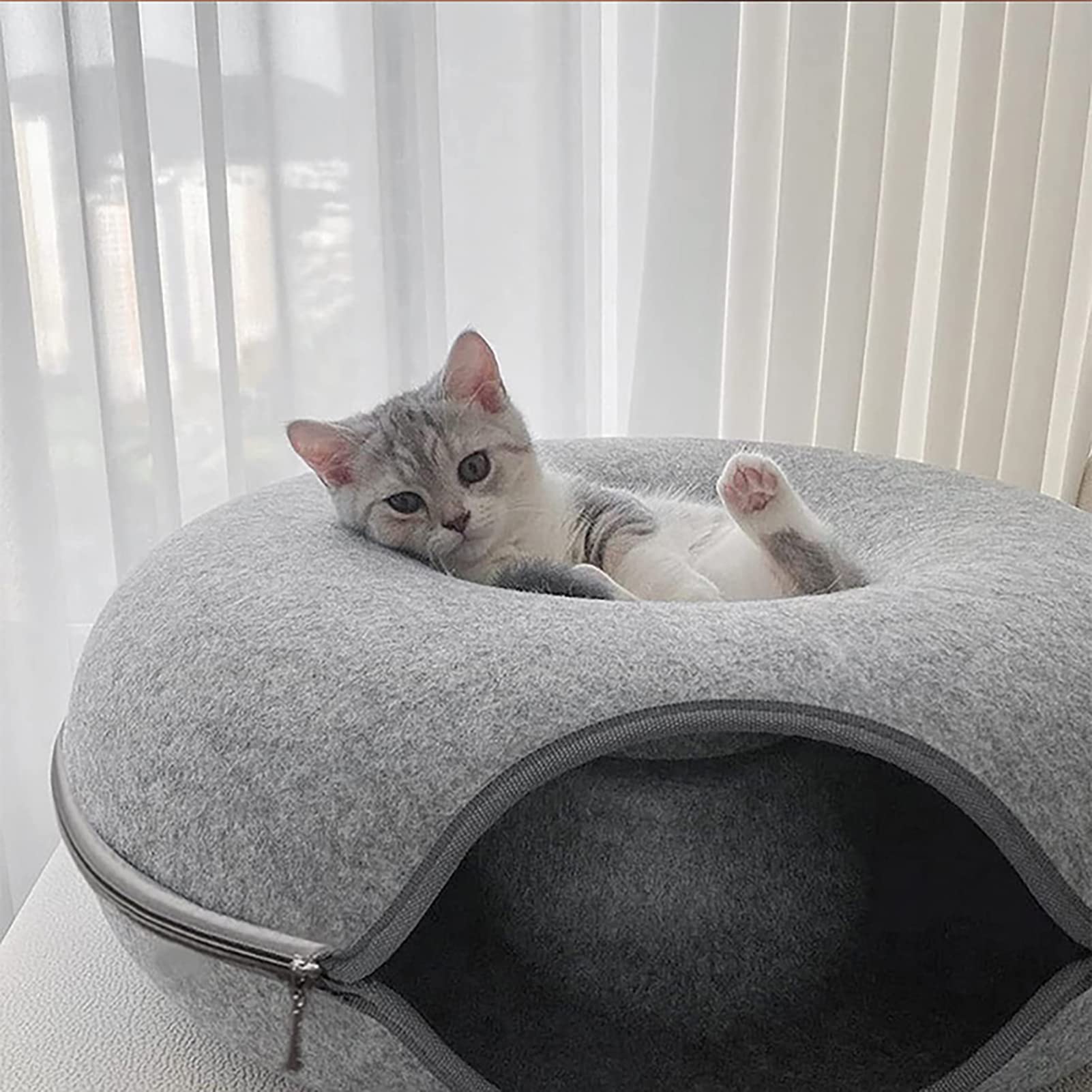 Katzentunnelbett, Katzentunnel für Indoor-Katzen, kratzfestes, abnehmbares, rundes Filz-Katzenrohr-Spielspielzeug mit Guckloch, und waschbares großes Donut-Katzenbett für kleine Haustiere, Kaninchen,