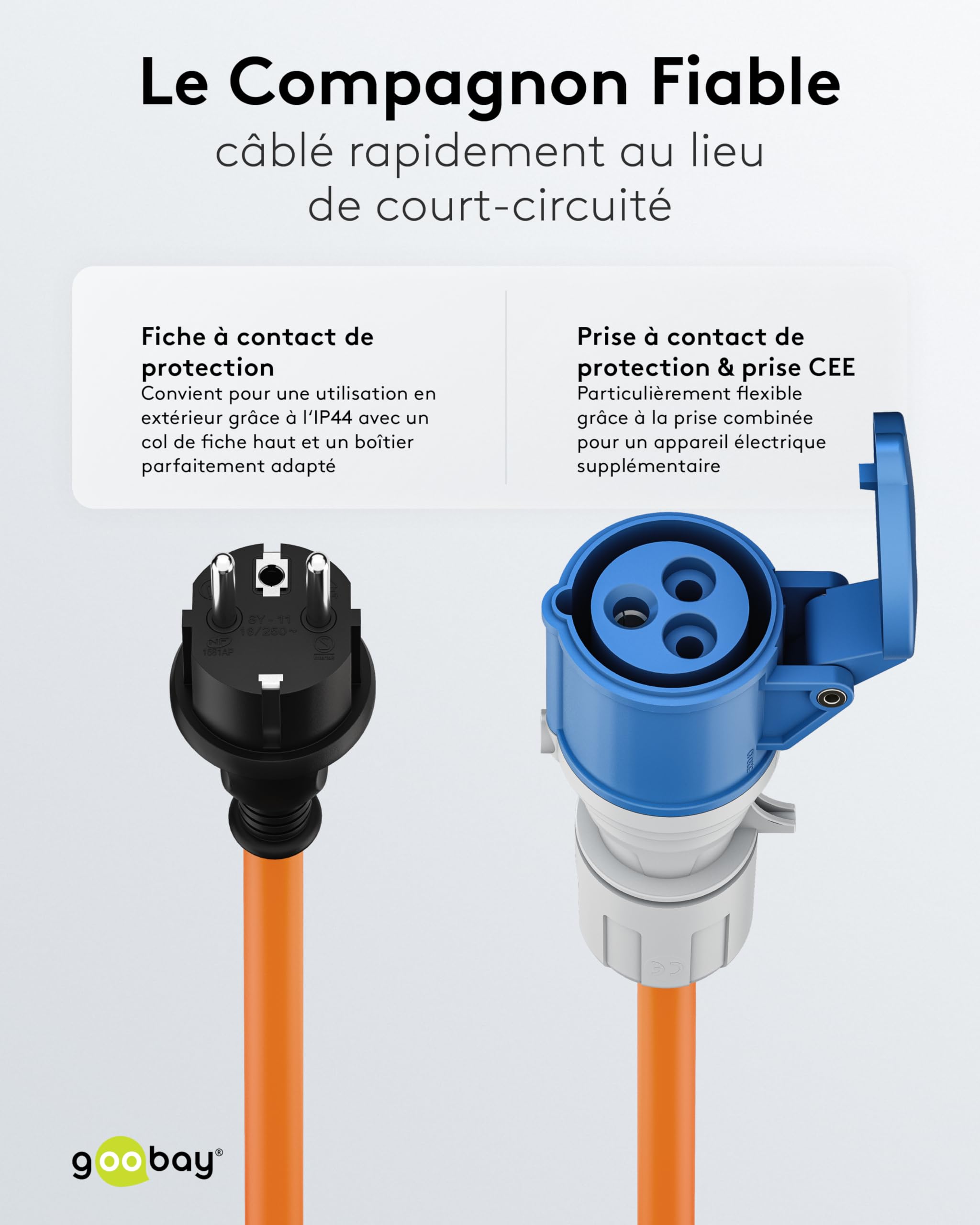goobay Câble Adaptateur CEE pour Caravane, 5 m, Prise avec Contact de Protection vers Prise CEE avec Couvercle de Fermeture, IP44, câble de Camping, Camping-Car et Caravane 76219