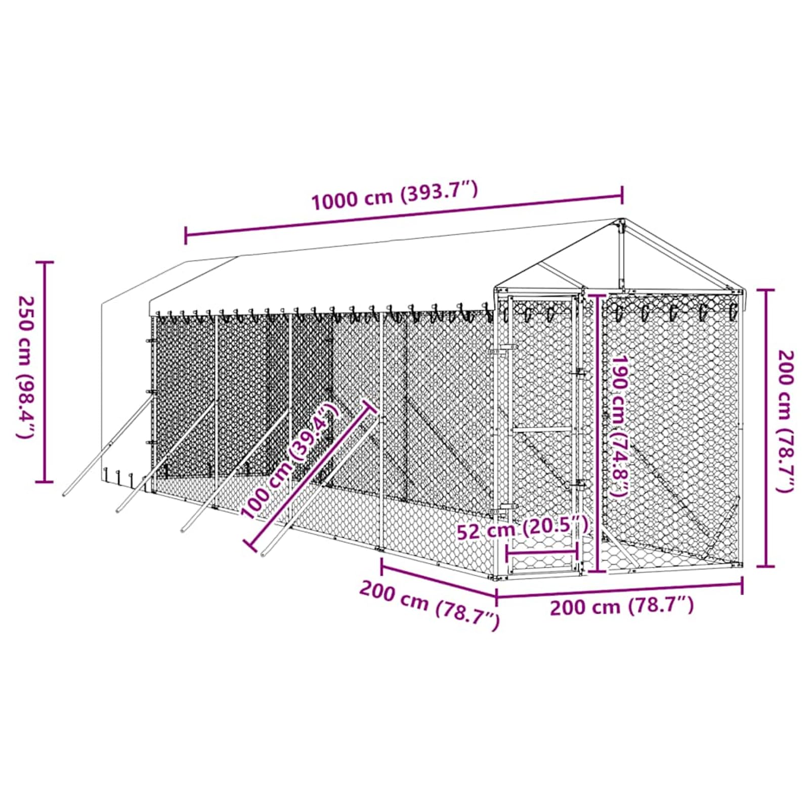 Hundezwinger 2x10x2,5m Verzinkt mit Dach | Robuster Stahl, UV-beständiges PE-Dach, abschließbare Tür, wetterfest, für Hunde & Kleintiere