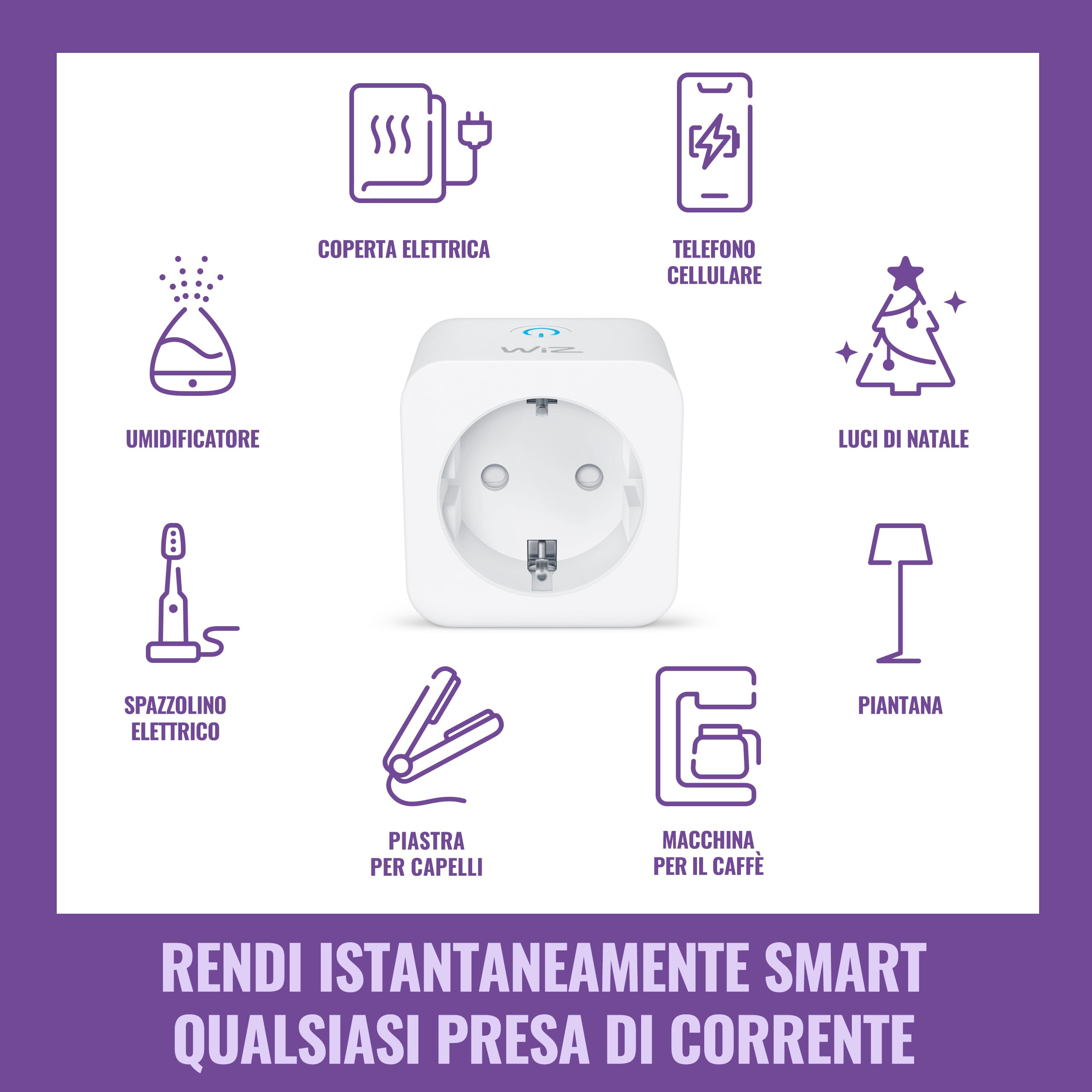 WiZ Wi-Fi Smart Plug, Tipo F, 230 V, 50 Hz, Installazione Facile, Certificazione Matter, Controlli Connessi, Comandi Vocali, Funziona con Alexa, Google Home e Apple Home, Confezione da 4