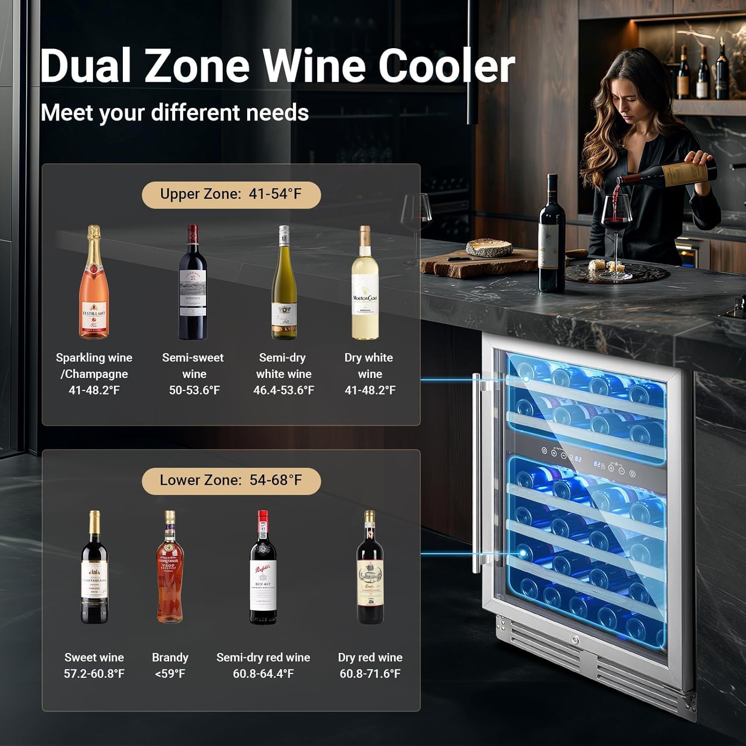 BODEGA 46 Bottles Wine Cooler, 24 Inch Dual Zone Wine Fridge with Double-Layer Glass Door, wine cooler refrigerator with Digital Temperature Control and Temperature Memory,wine cooler for home. on Fridge.com