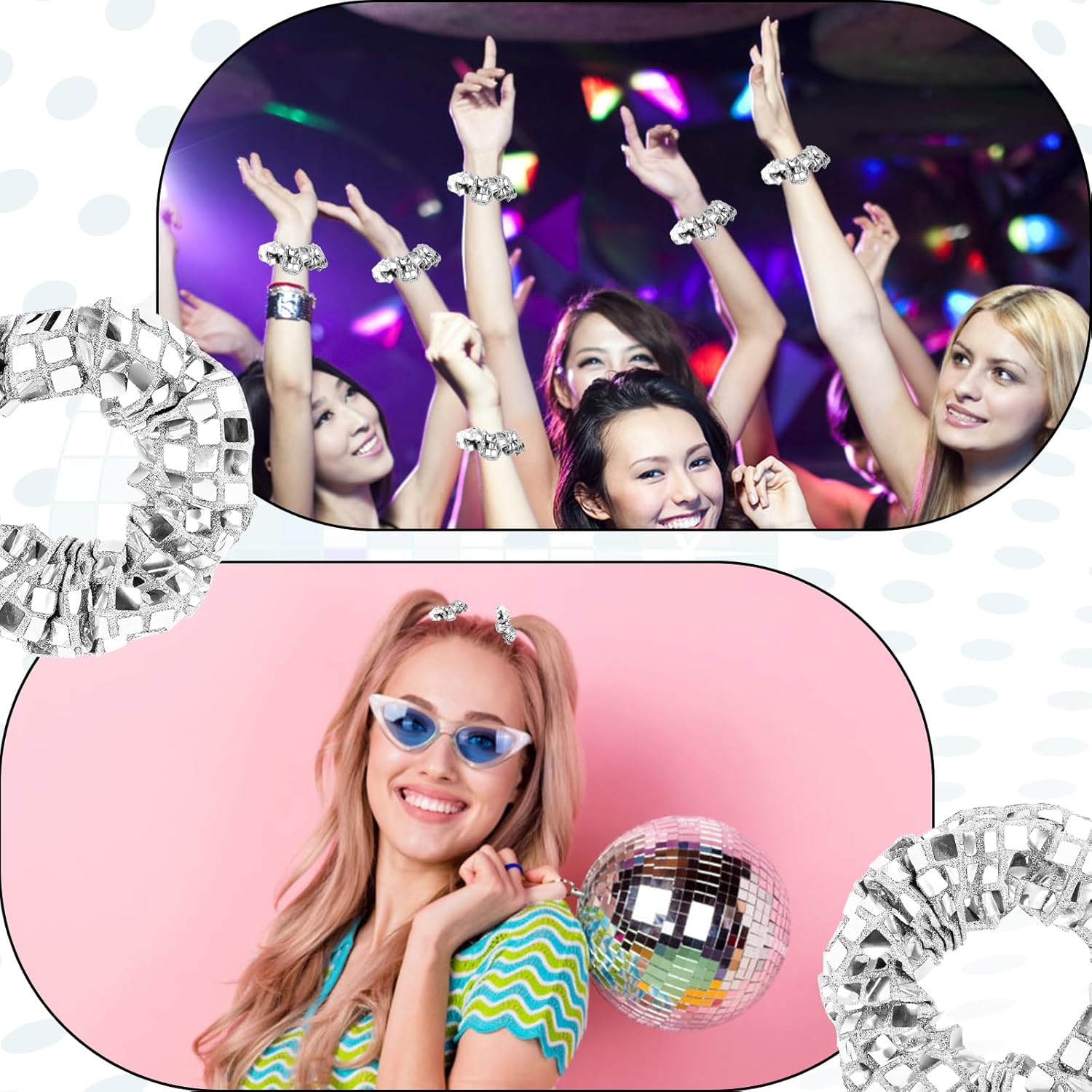 6pcs Disco Scrunchies, Disco Ball Sequin Metallic Hair Scrunchies Glitter Silver Hair Bobbles Elastics Ponytail Holders Sparkly Hair Accessories for Women Girls Retro Disco Theme Party Favors - Image 4