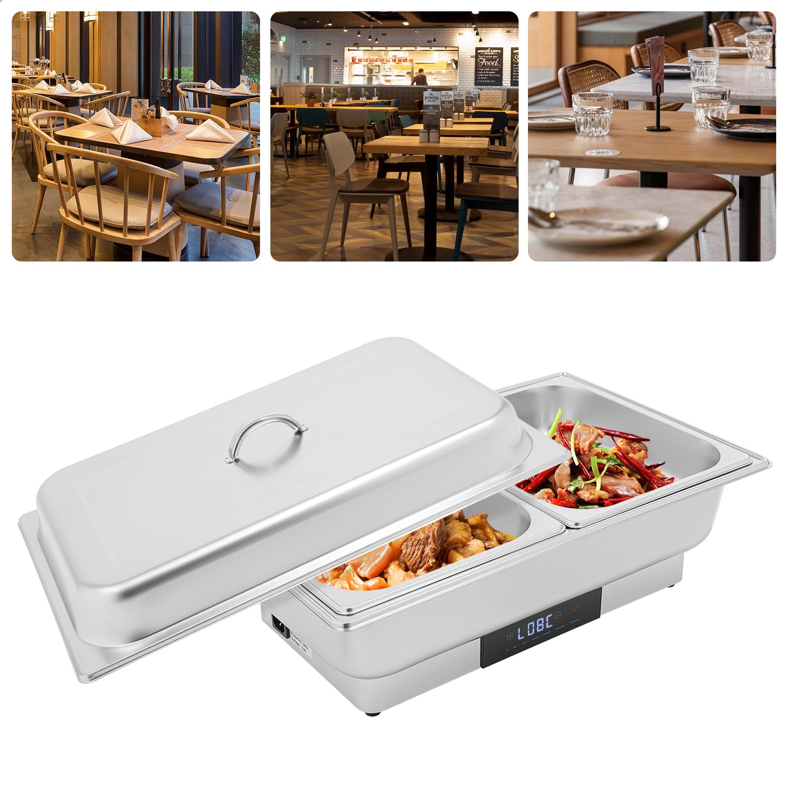 Calentador de buffet eléctrico, calentador de alimentos, buffet Chafing Dish, acero inoxidable, con control de temperatura para catering y buffet, 600 W, 9 l, para platos fríos y calientes