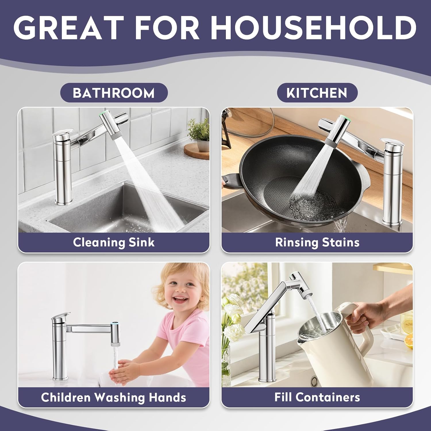 HOWUWEY 1080° Rotatable Single Hole Bathroom Vanity Faucet with Temperature Display, Height Adjustable Single Lever Bathroom Sink Faucet 1 Hole, LED Basin Faucet with Color Change (Chrome)