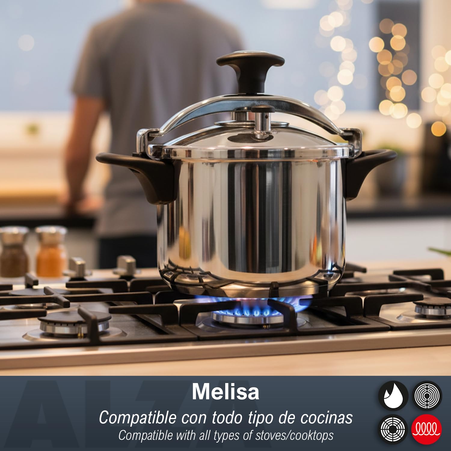 ALZA Melisa - Olla Express Tradicional Rápida, 6L, Acero Inoxidable 18/10, Cierre Progresivo, Todas Las Cocinas, Inducción, Base Sandwich