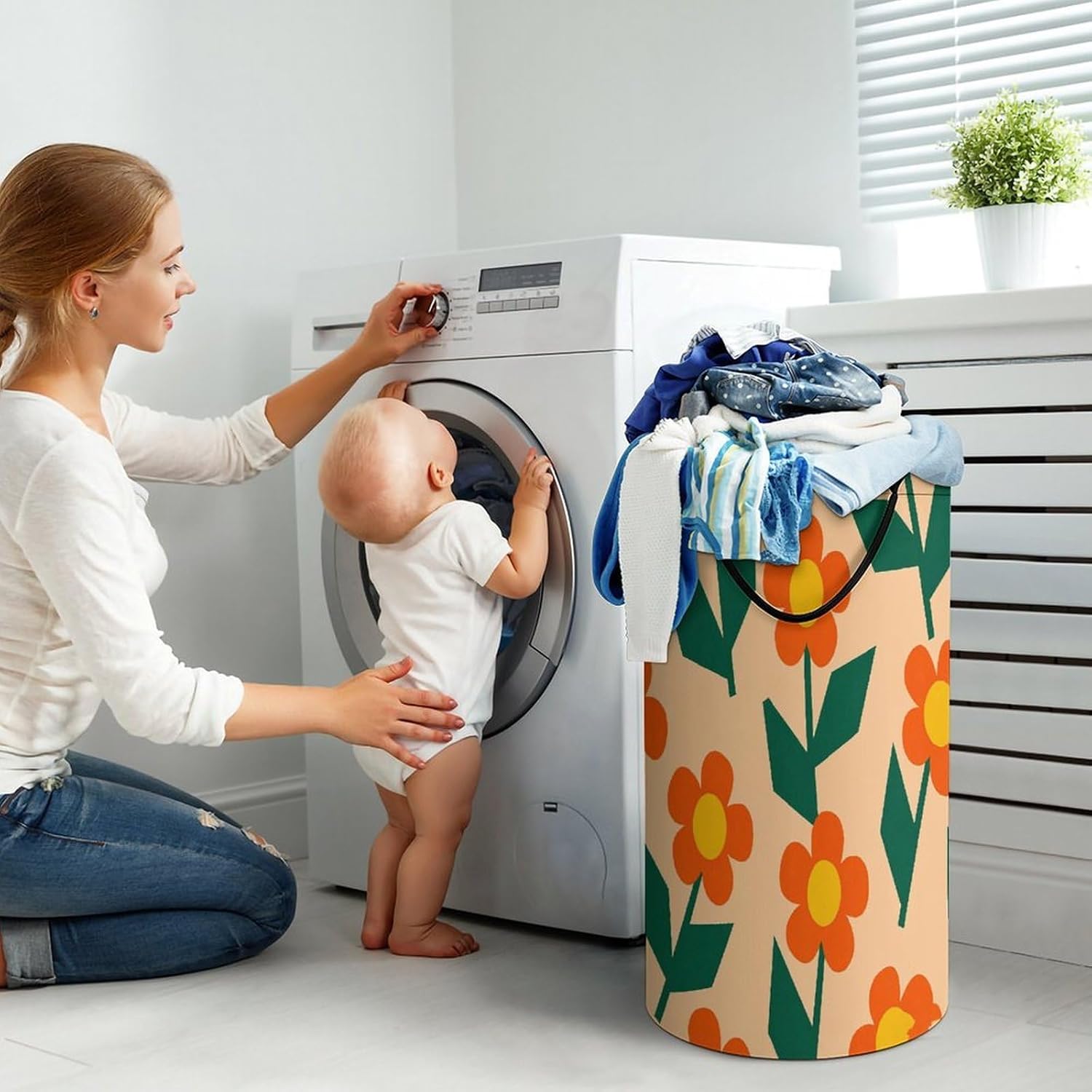 Orange Small Floral Patterns Laundry Hamper Portable Lightweight Clothes Hampers Fashion Dirty Laundry Storage Basket Large Capacity Foldable Clothes Baskets for Bathroom Bedroom