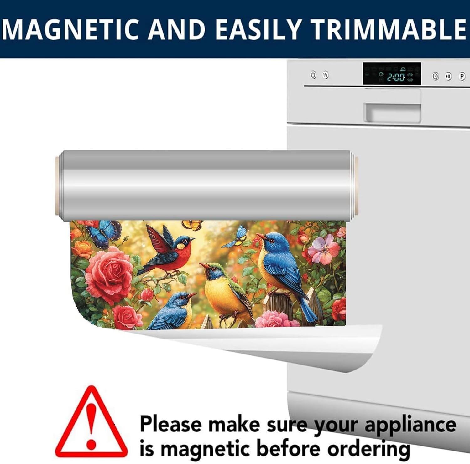 Songbirds Magnet Dishwasher Cover Full Door Panel Decal, Spring Colorful Flowers Magnetic Refrigerator Skins Cover, Butterfly Magnetic Dishwasher Front Door Cover Magnetic 23" x 17"