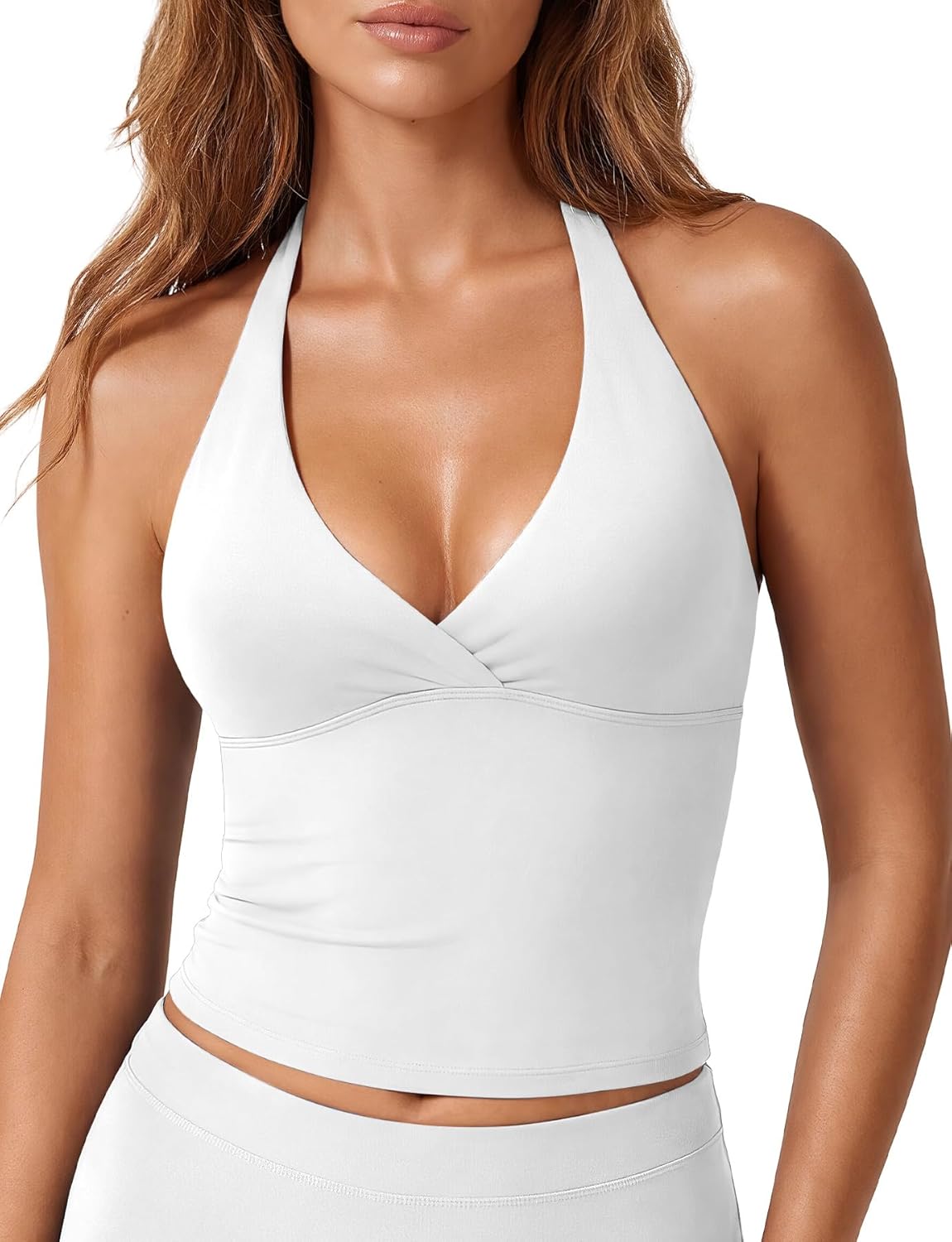 VOYJOY Women's Halter Tank Top Longline V Neck Sleeveless Backless Built in Bra Active Workout Gym Yoga Crop Tops