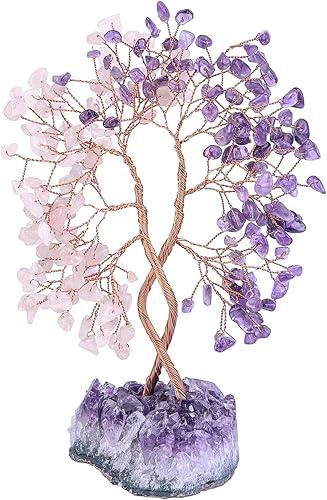 Miniatura 8 de Cheungshing Troncos dobles curativos con base de amatista natural, bonsái de dinero Feng Shui con energía positiva decoración del hogar para la