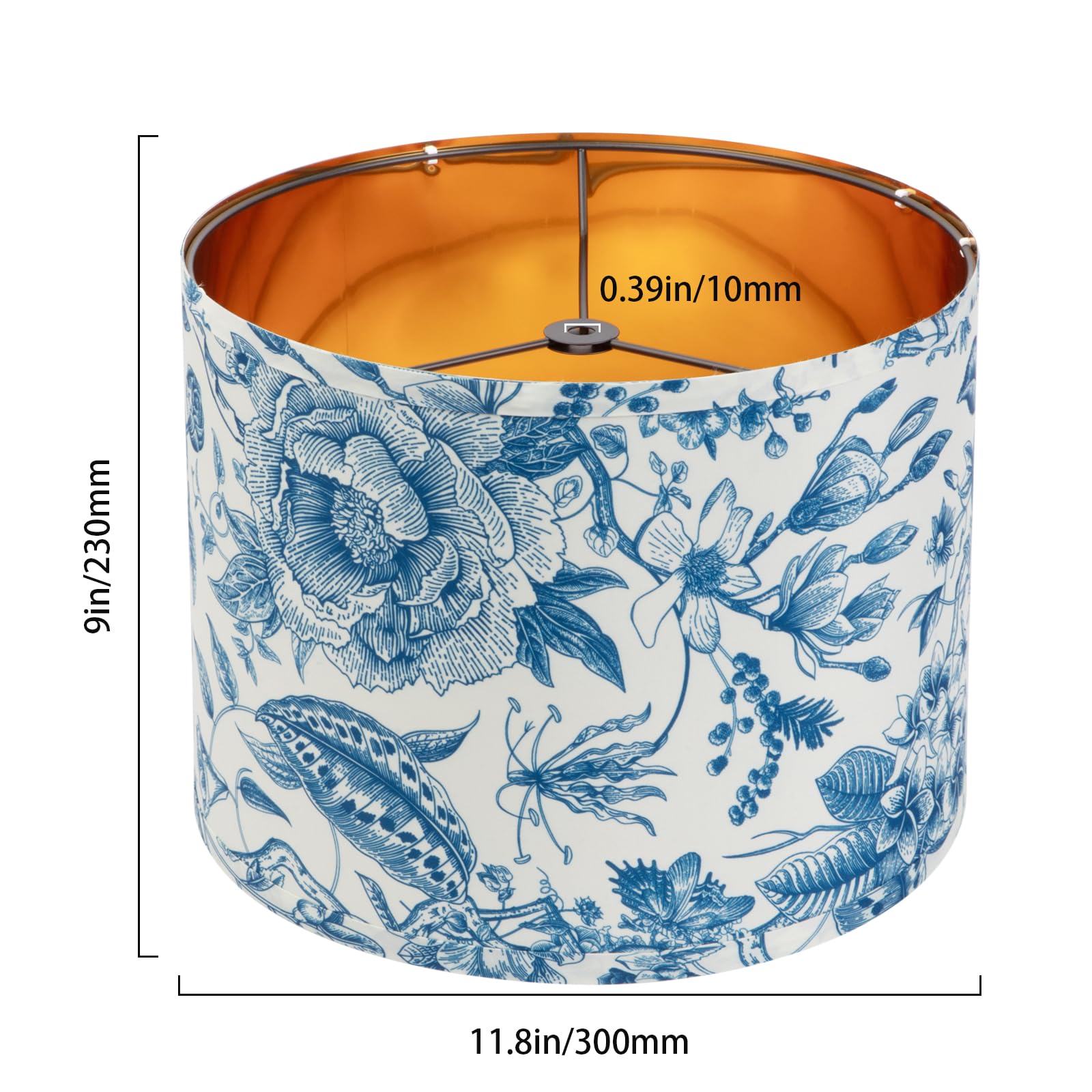 Juego de 2 pantallas de repuesto para lámpara de 30,5 cm con patrón floral azul y blanco para luces de mesa/suelo/pared, marco dorado mediano con soporte de arpa, fácil montaje