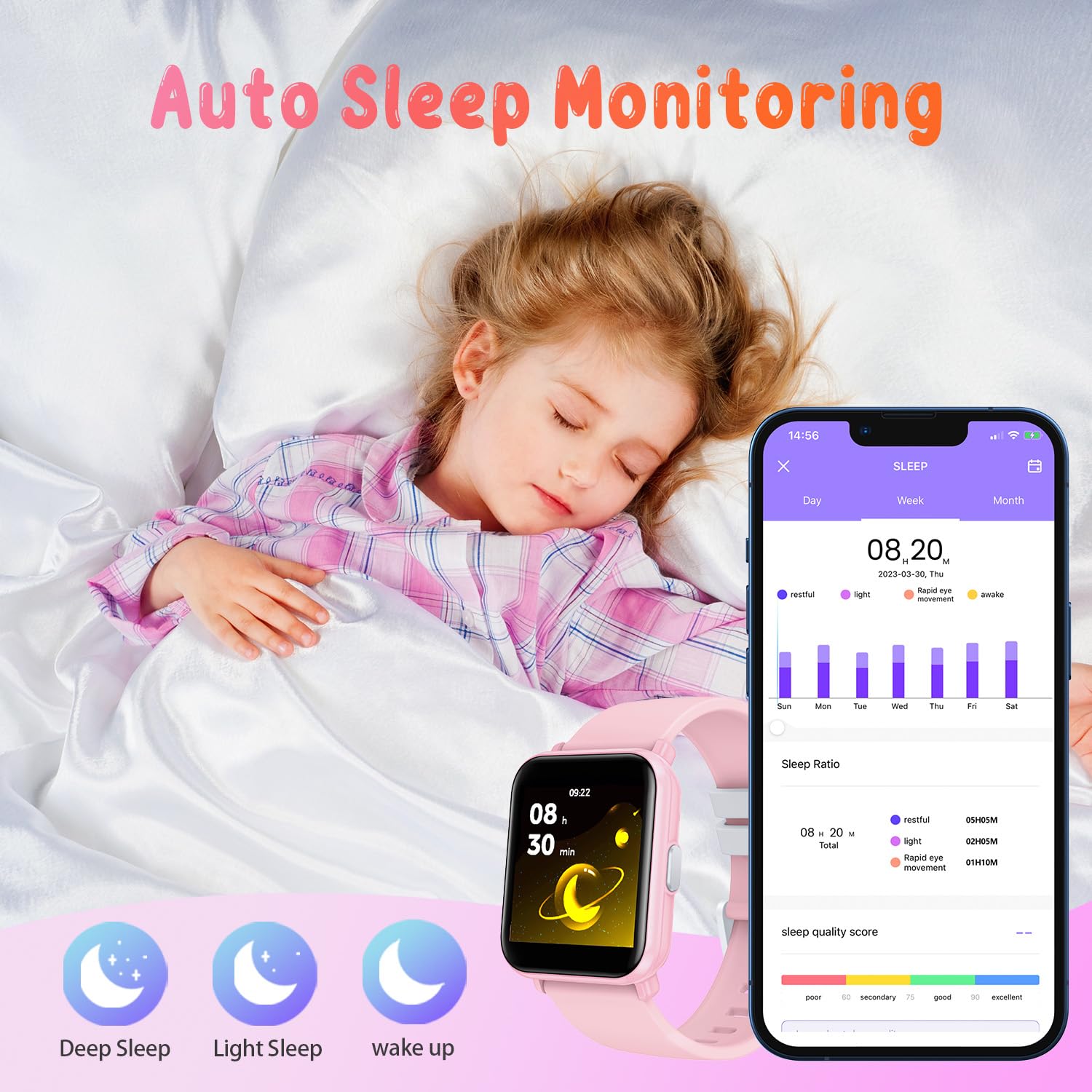 Reloj Inteligente Niño Smartwatch Niña: Pulsera Actividad Inteligente con Podómetro Monitor de Sueño Contador de Calorias 1.4" Impermeable IP68 Mutil Modos Deportivo Juegos Reloj para Niños y Niñas