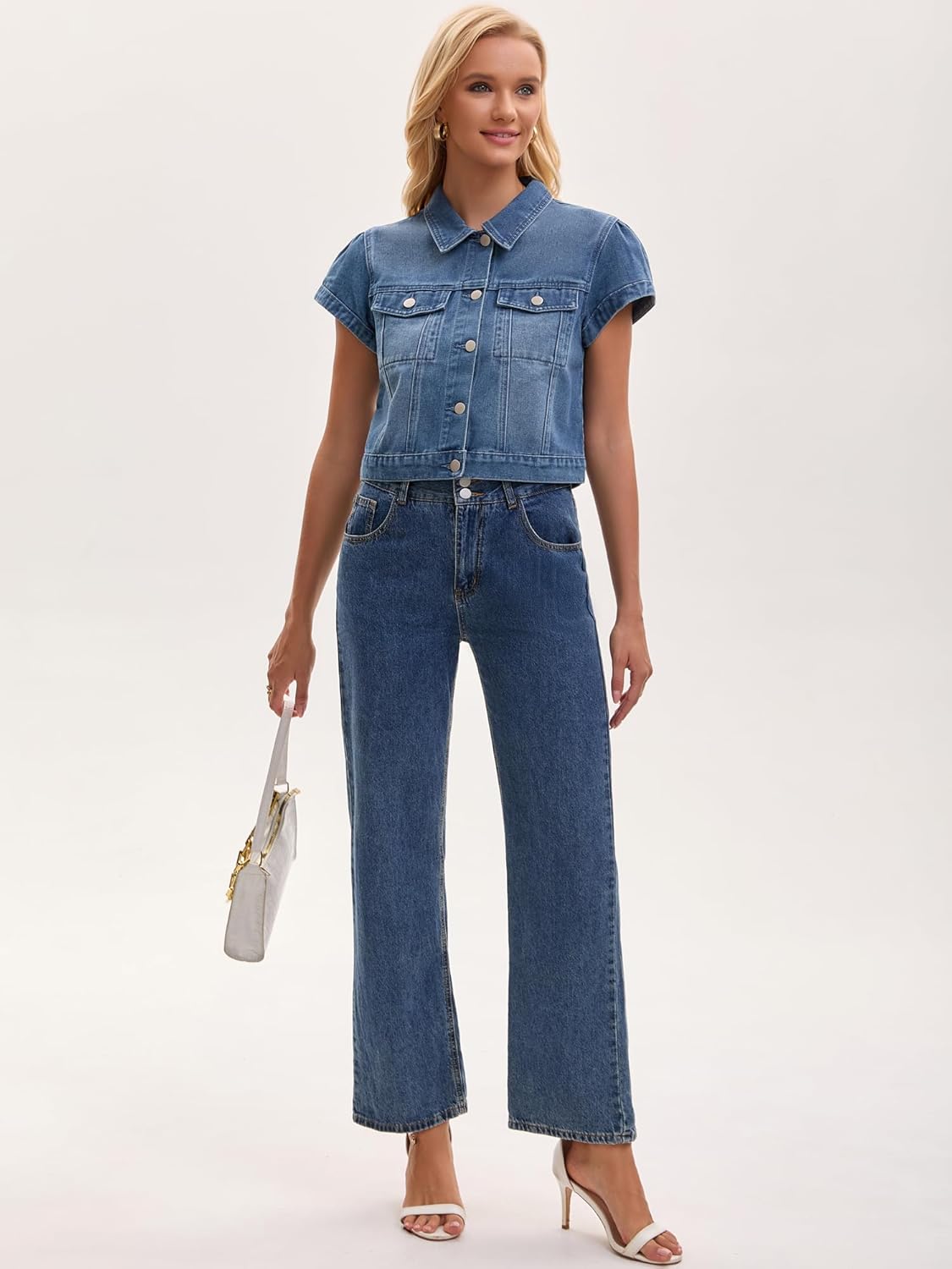 Women's Denim Jacket Cap Sleeve Cropped Button Down with Pockets Classic Jean Jackets - Image 4