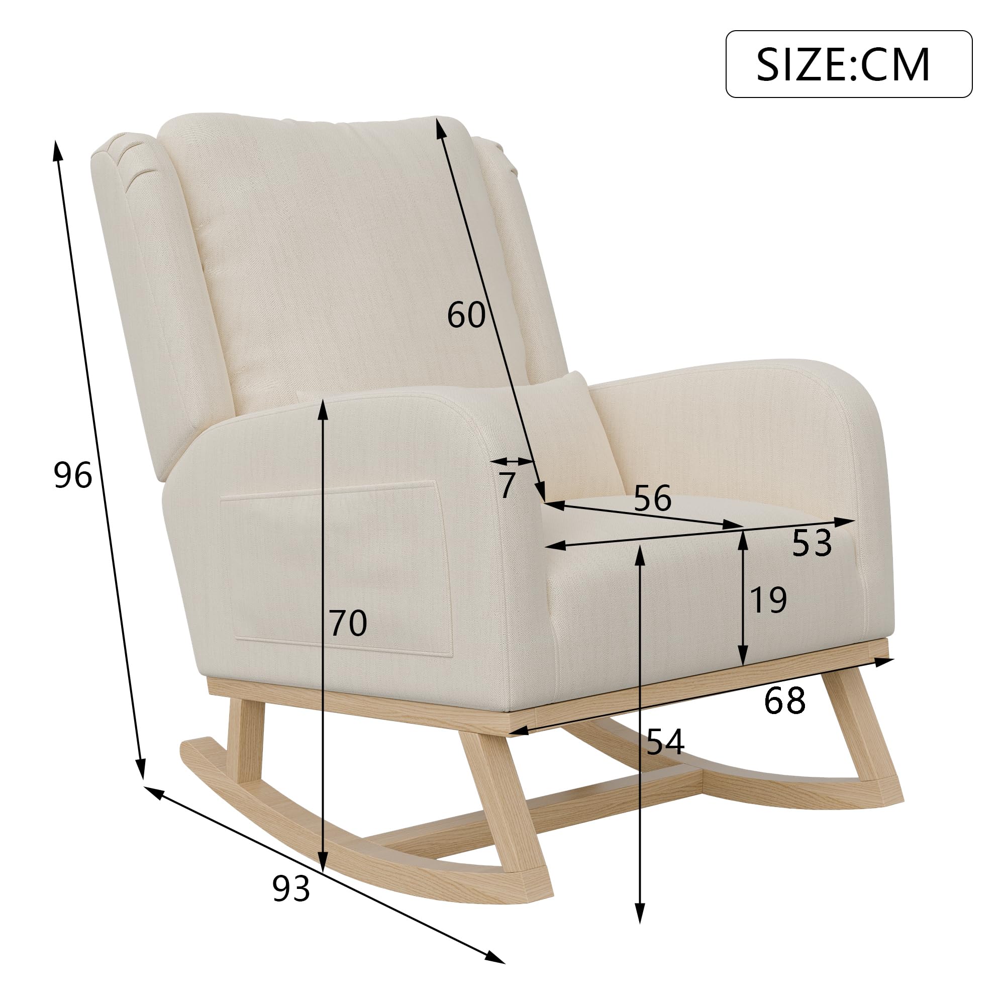 BRILVERDE Mecedora Escandinava con Bolsillos Laterales y Base de Madera Maciza, para Salón, Balcón o Salón de Lectura y Relajación, Beige, Lino y Esponja, Ergonómica y Reposabrazos