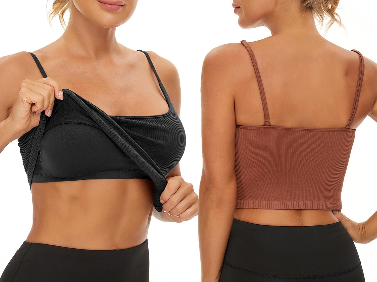 Chilylori Seamless Sports Bra Cropped Tank Top with Adjustable Straps Workout Tops Ribbed Sports Bra for Women 2 Pack