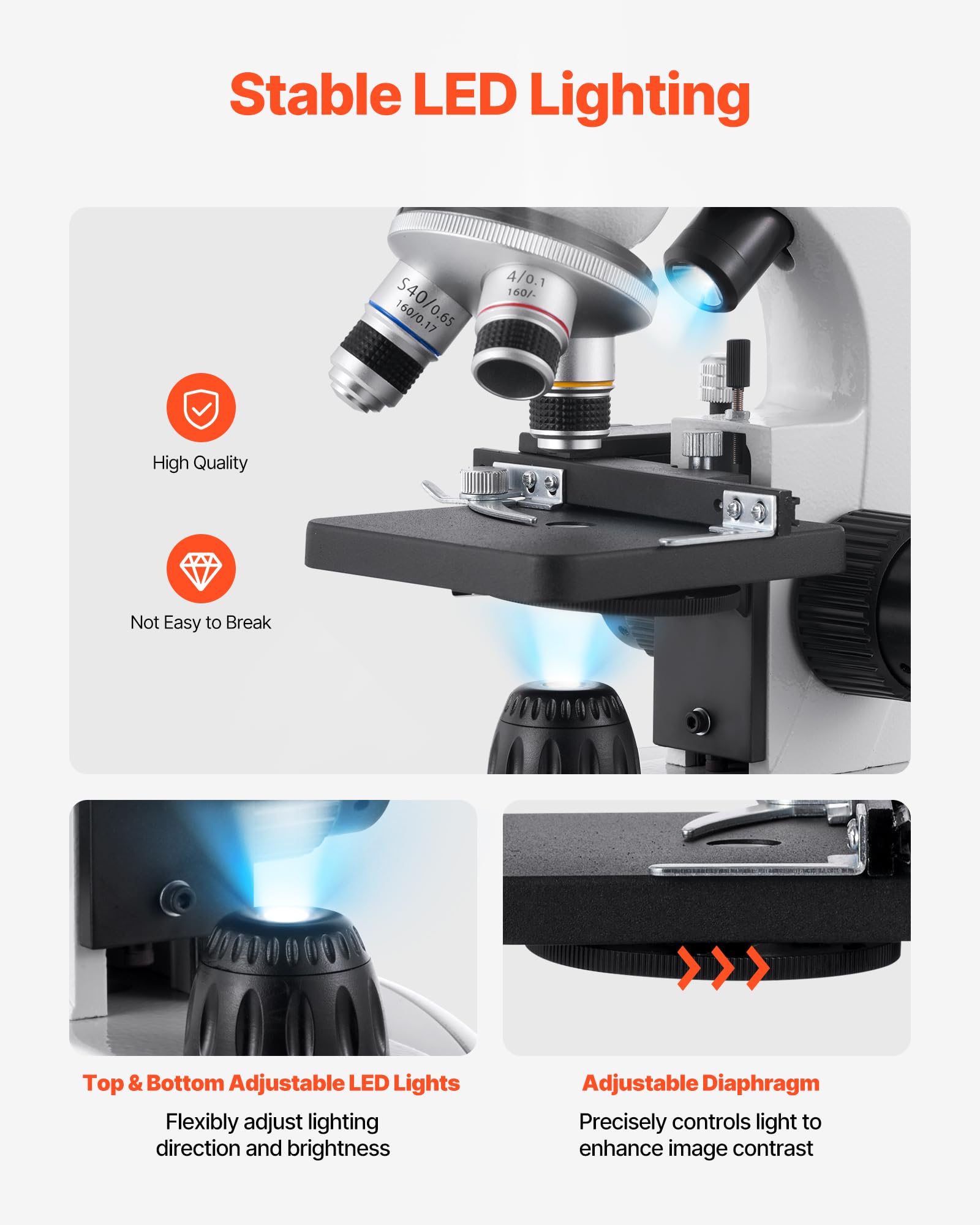 VEVOR Microscope Binoculaire Professionnel 40-2000X, Corps en Alliage d'Aluminium, Éclairage LED, Support de Téléphone Inclus