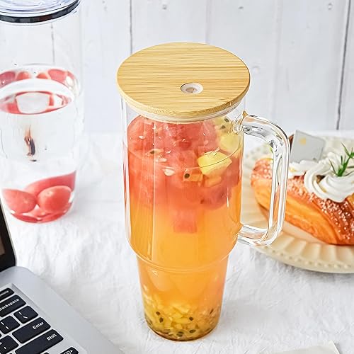 Miniatura 7 de Vasos de vidrio con tapas y pajillas, vaso de vidrio de 40 onzas con popote y tapa, paquete de 2 vasos de vidrio con asa boca ancha, tazas de café